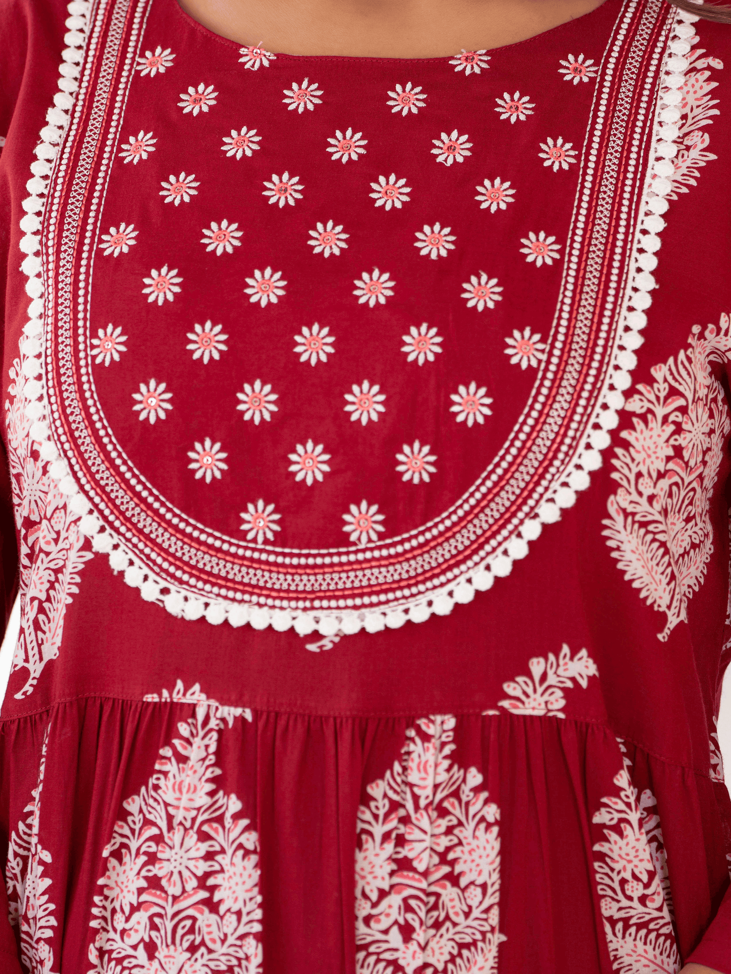Embroidered Soft Cotton Block Print Anarkali Maroon Kurta