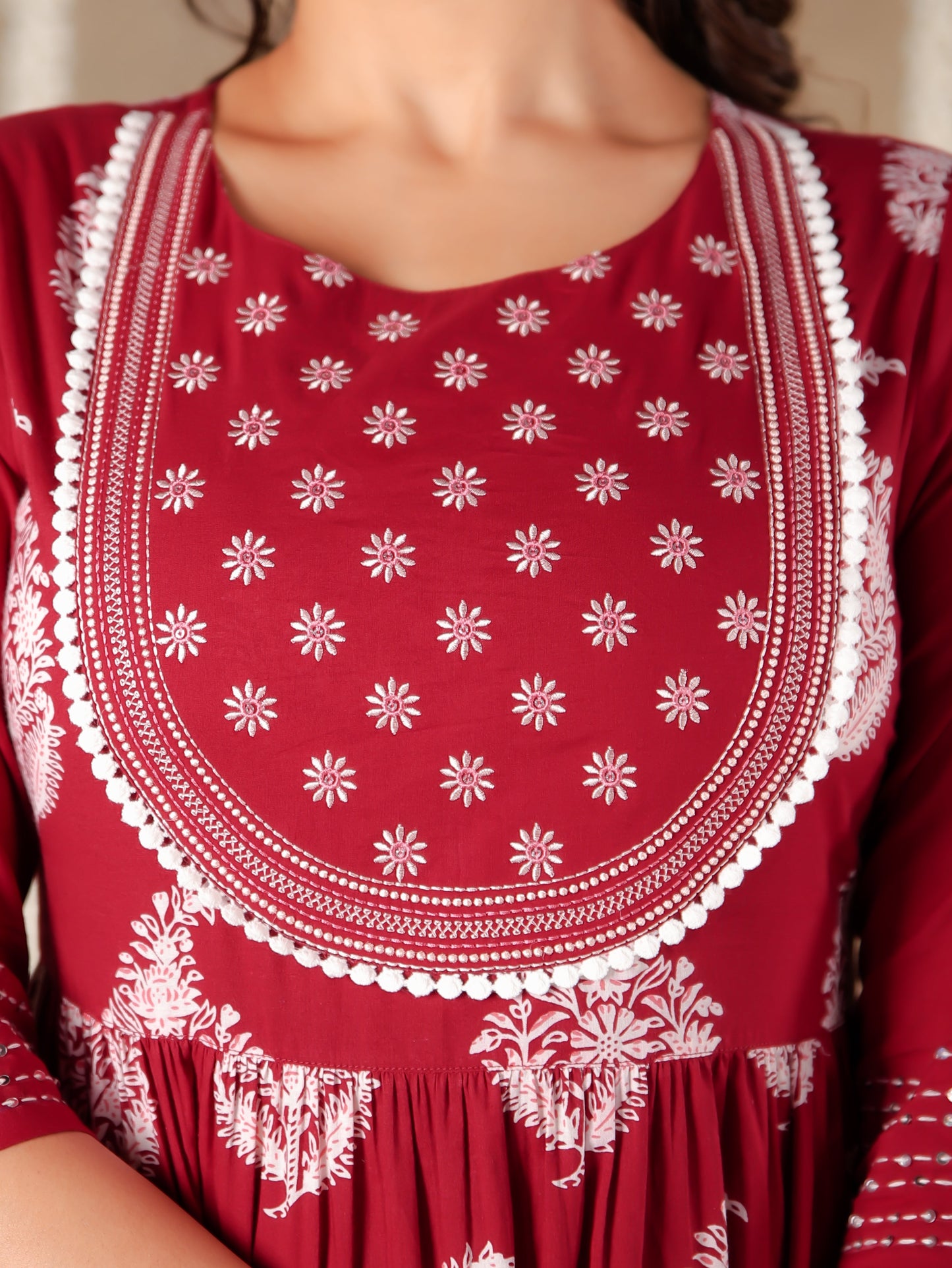 Embroidered Soft Cotton Block Print Anarkali Maroon Kurta