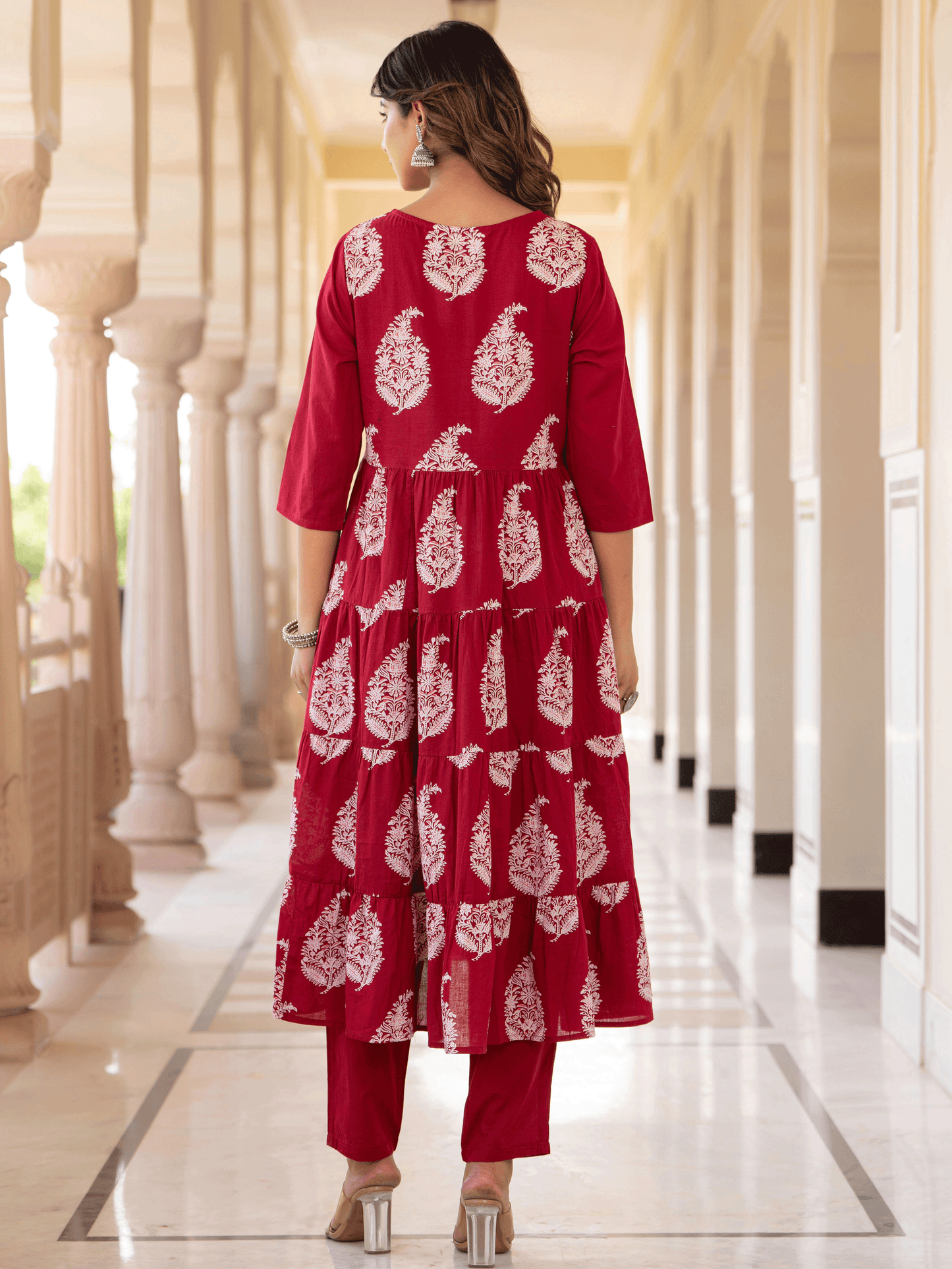 Embroidered Soft Cotton Block Print Anarkali Maroon Kurta