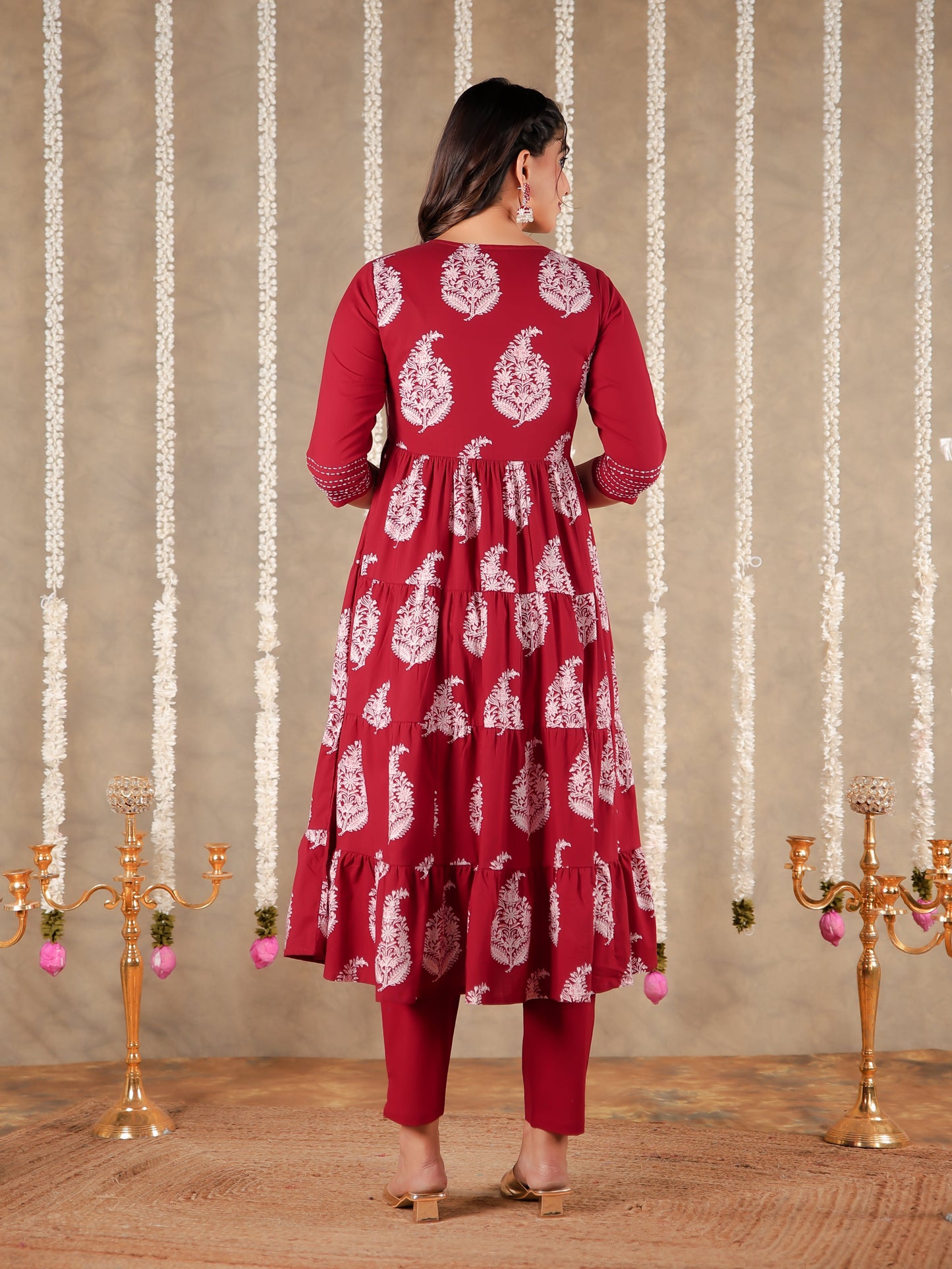 Embroidered Soft Cotton Block Print Anarkali Maroon Kurta