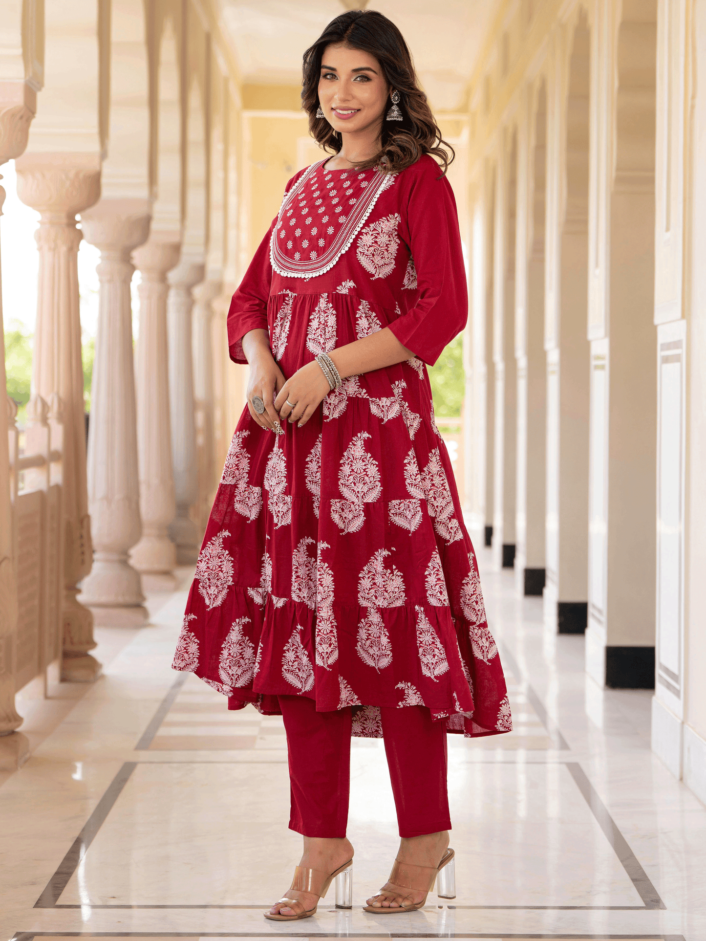 Embroidered Soft Cotton Block Print Anarkali Maroon Kurta