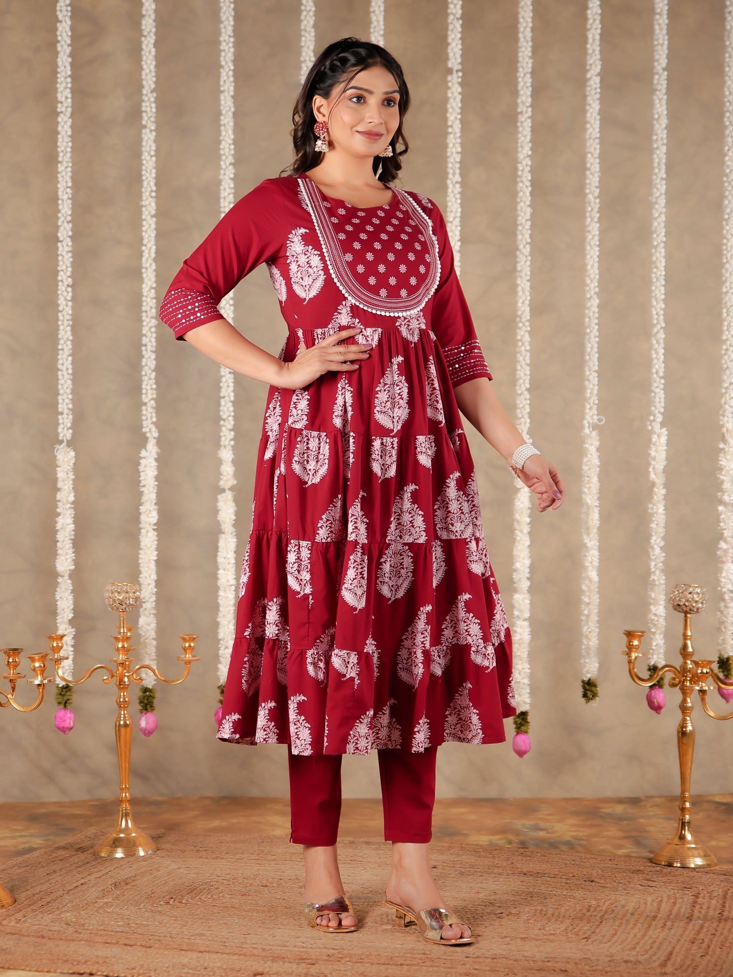 Embroidered Soft Cotton Block Print Anarkali Maroon Kurta