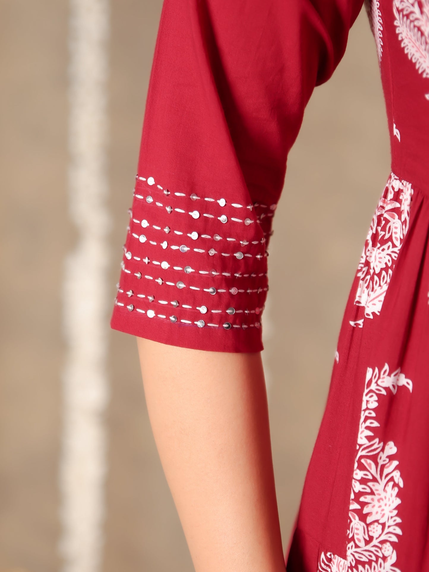 Embroidered Soft Cotton Block Print Anarkali Maroon Kurta