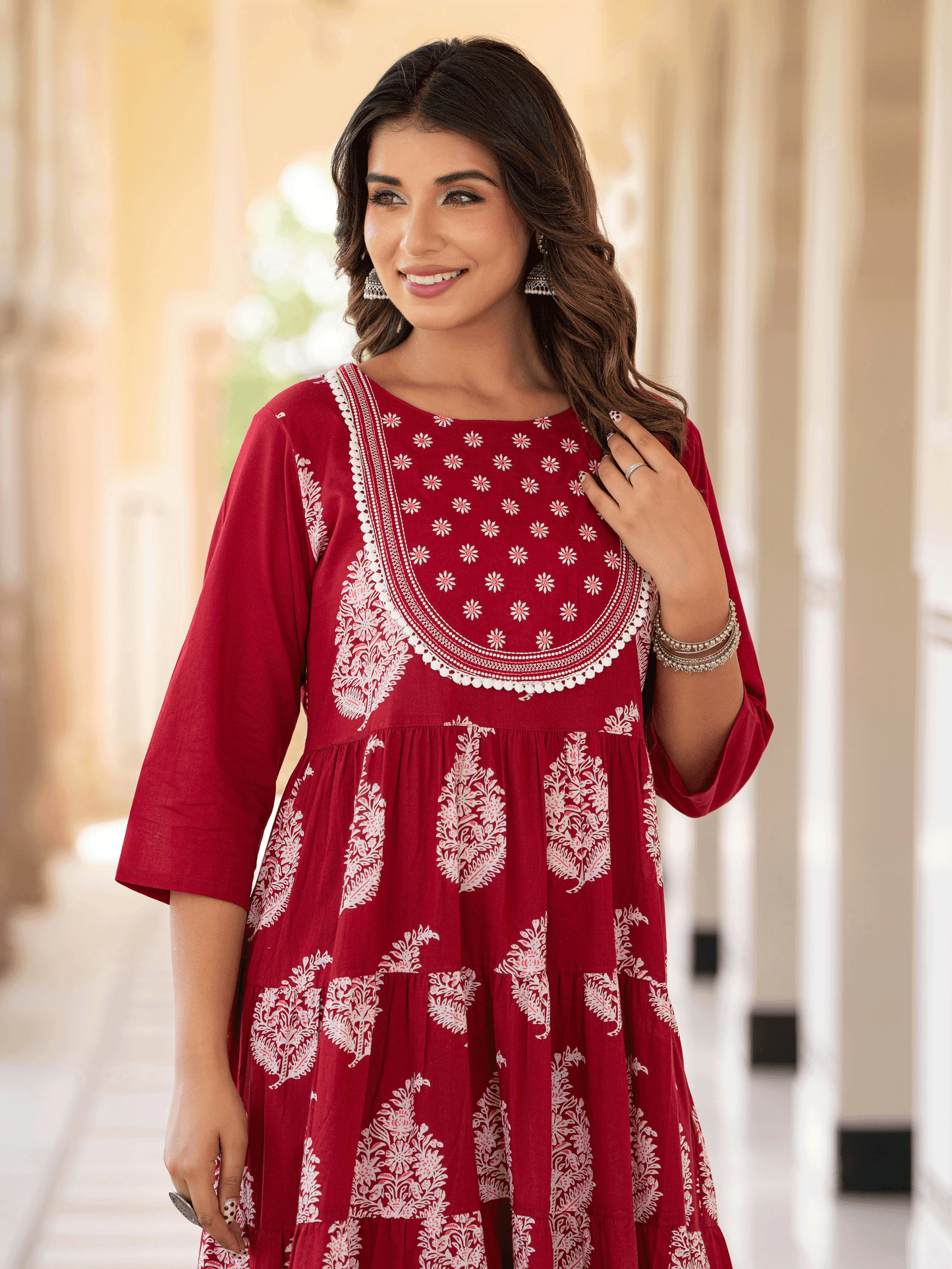Embroidered Soft Cotton Block Print Anarkali Maroon Kurta