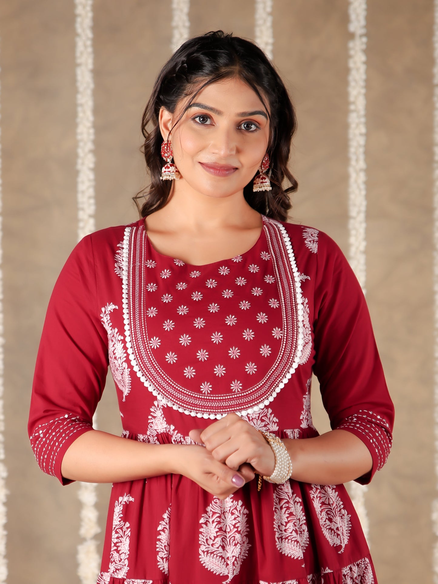 Embroidered Soft Cotton Block Print Anarkali Maroon Kurta