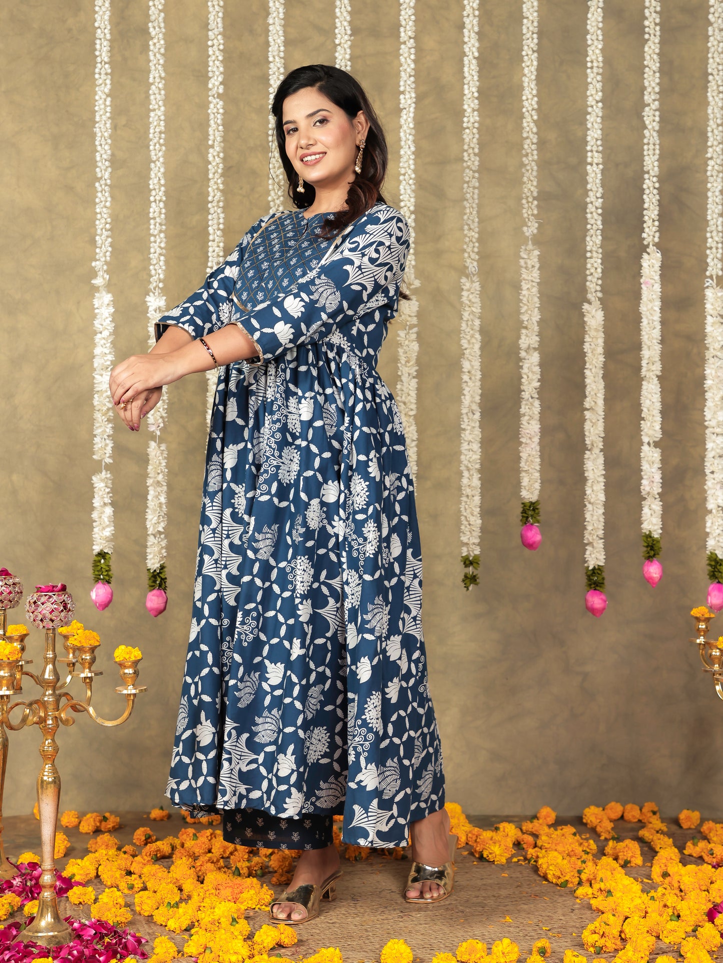Embroidered Soft Cotton Floral Gathered Blue Kurta