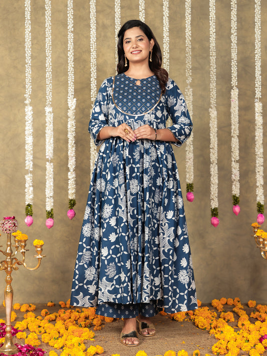 Embroidered Soft Cotton Floral Gathered Blue Kurta