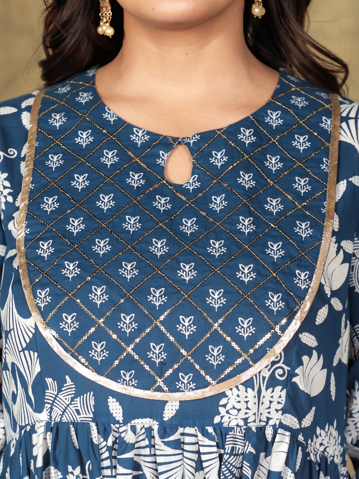 Embroidered Soft Cotton Floral Gathered Blue Kurta