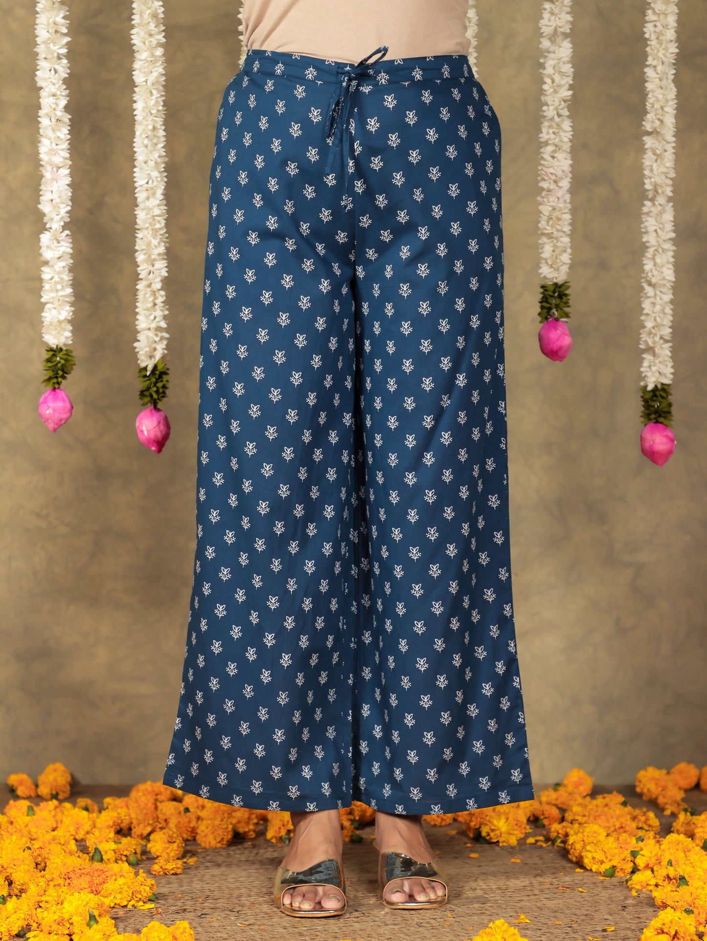 Embroidered Soft Cotton Floral Gathered Blue Kurta