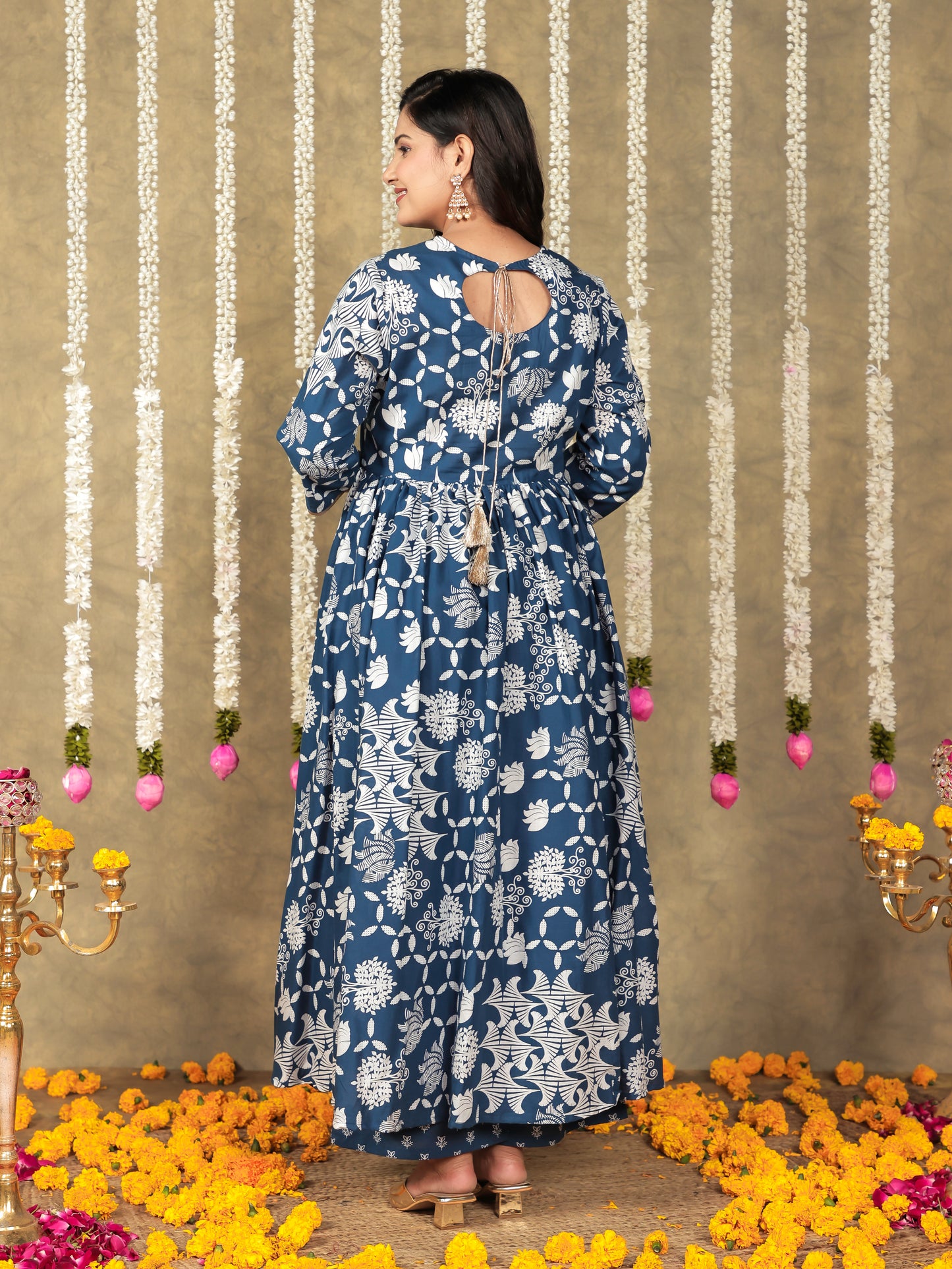 Embroidered Soft Cotton Floral Gathered Blue Kurta