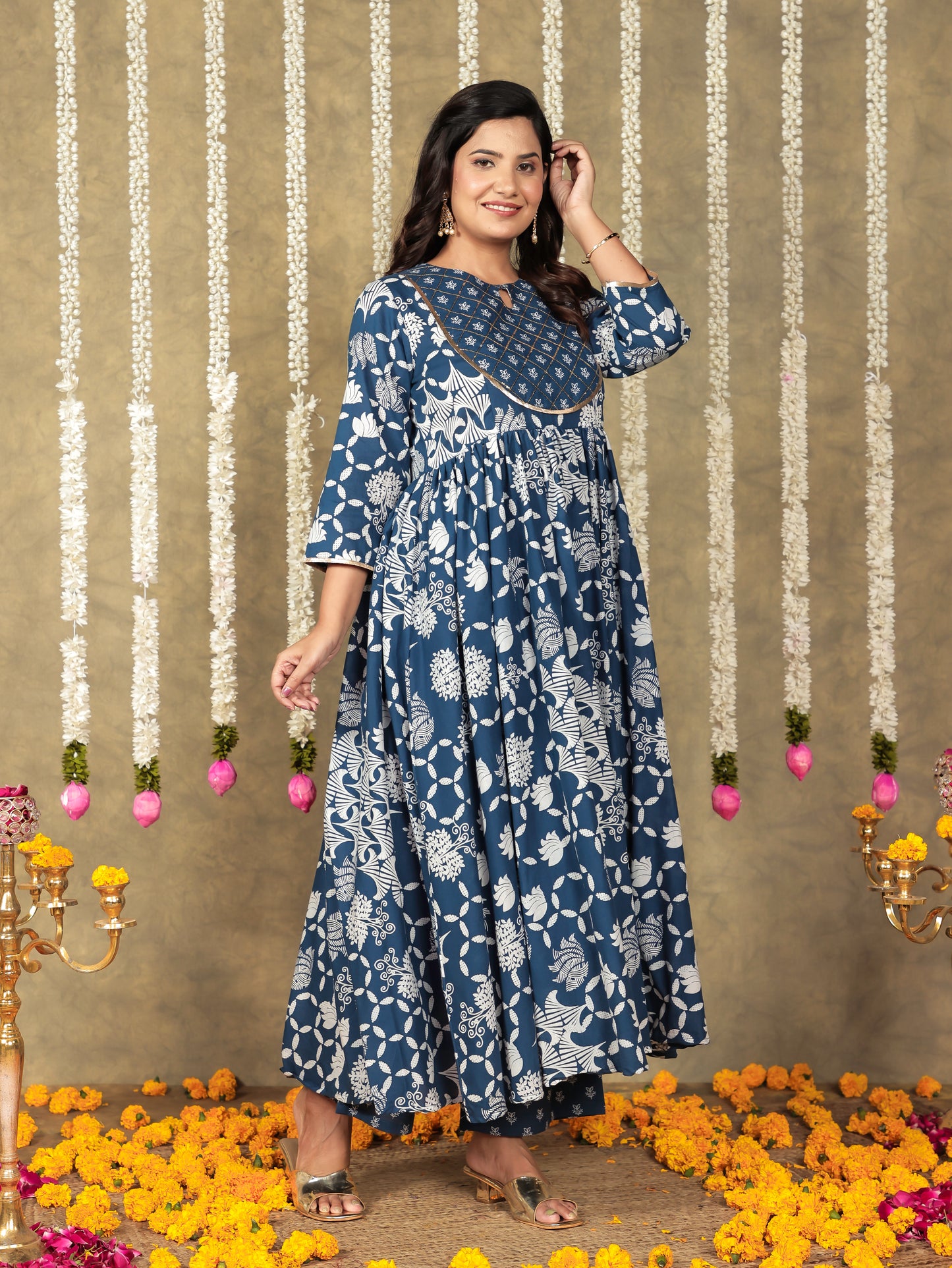 Embroidered Soft Cotton Floral Gathered Blue Kurta