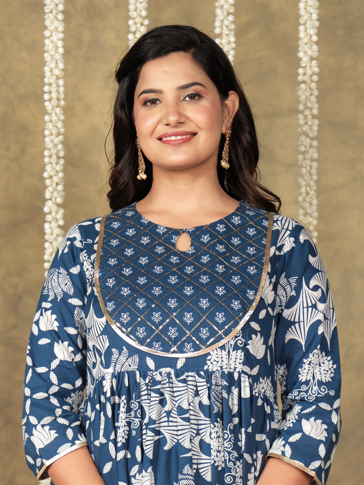 Embroidered Soft Cotton Floral Gathered Blue Kurta