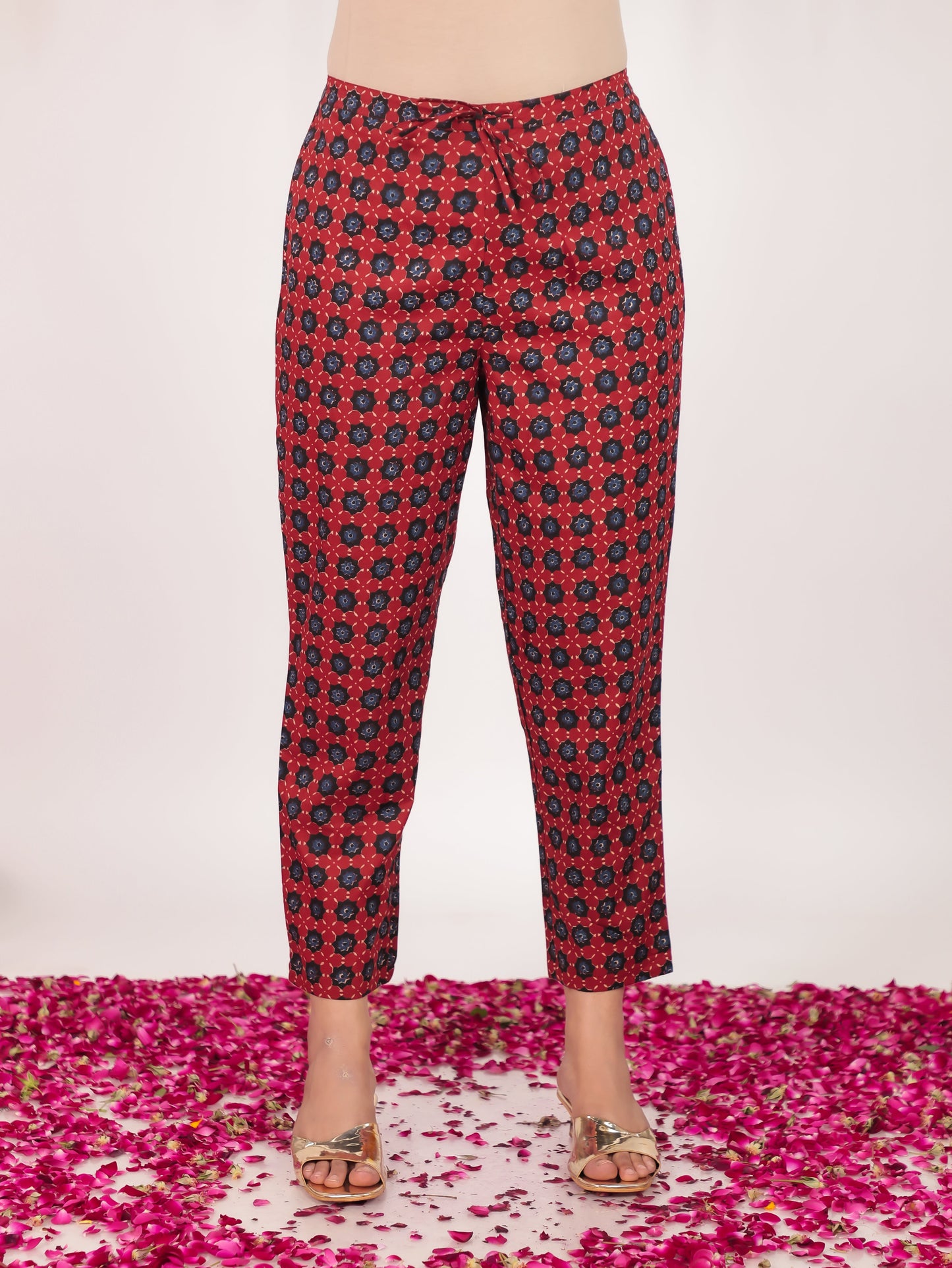 Soft Cotton Geometric Orange Tapered Trousers