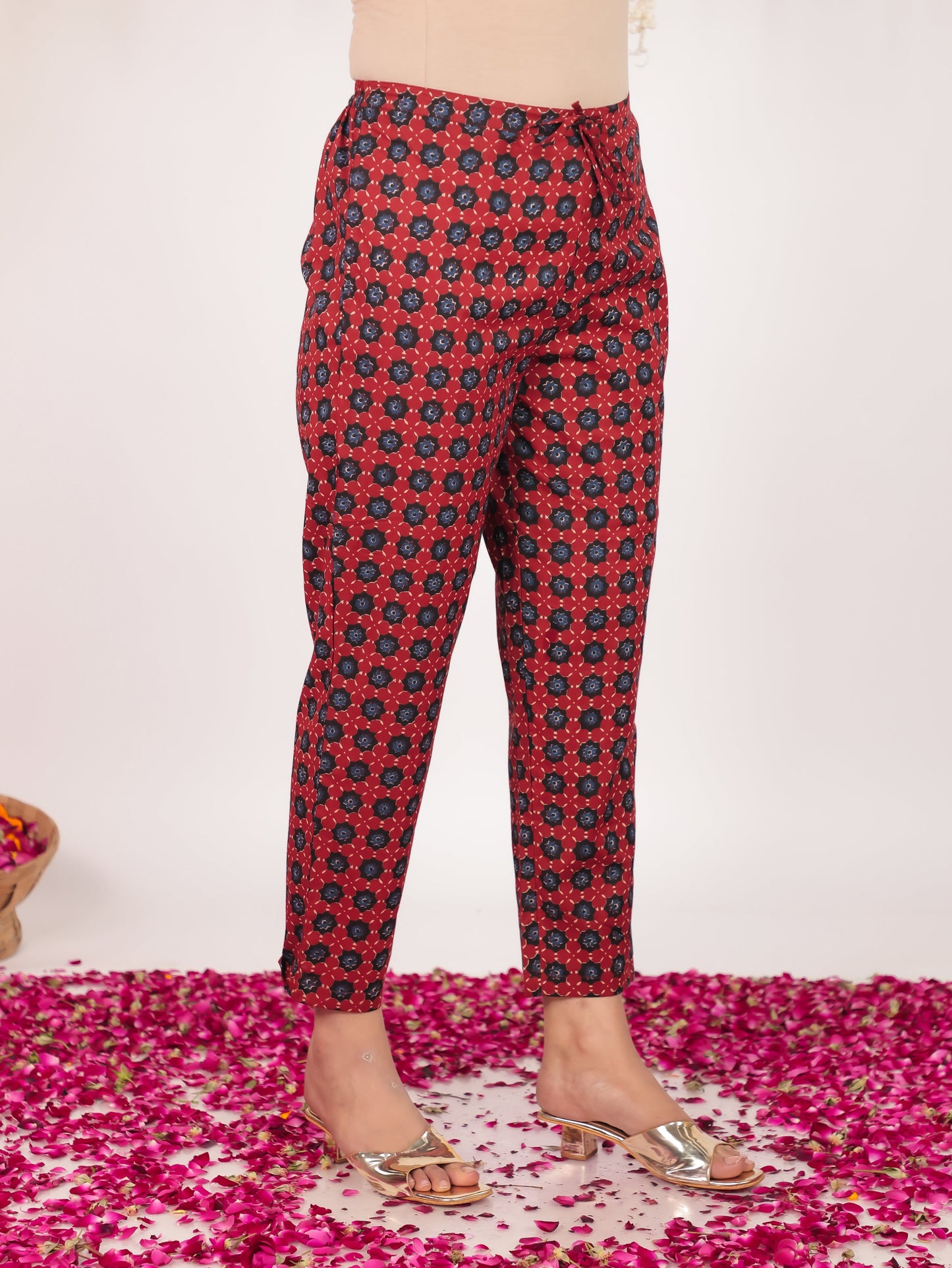 Soft Cotton Geometric Orange Tapered Trousers
