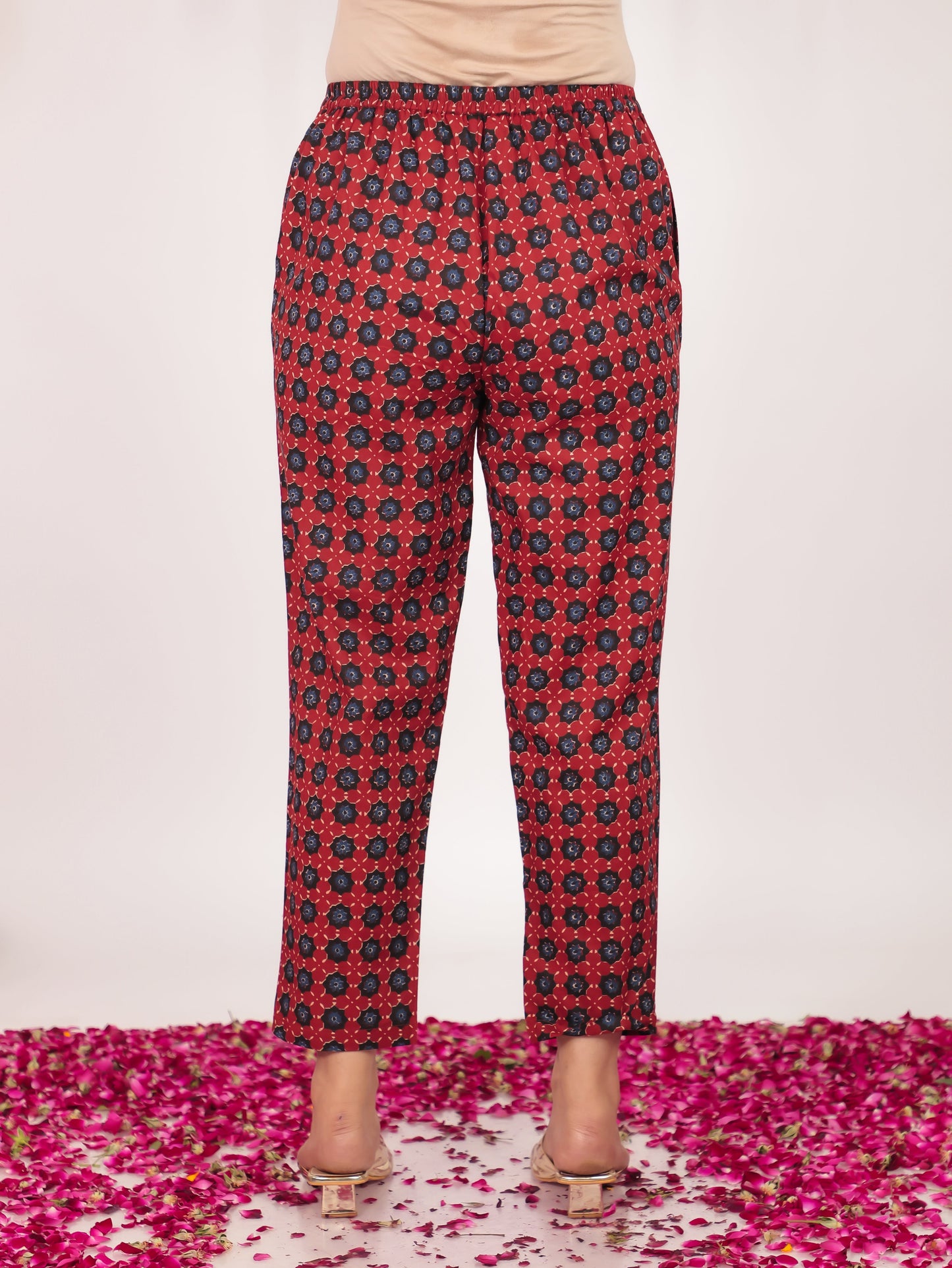 Soft Cotton Geometric Orange Tapered Trousers