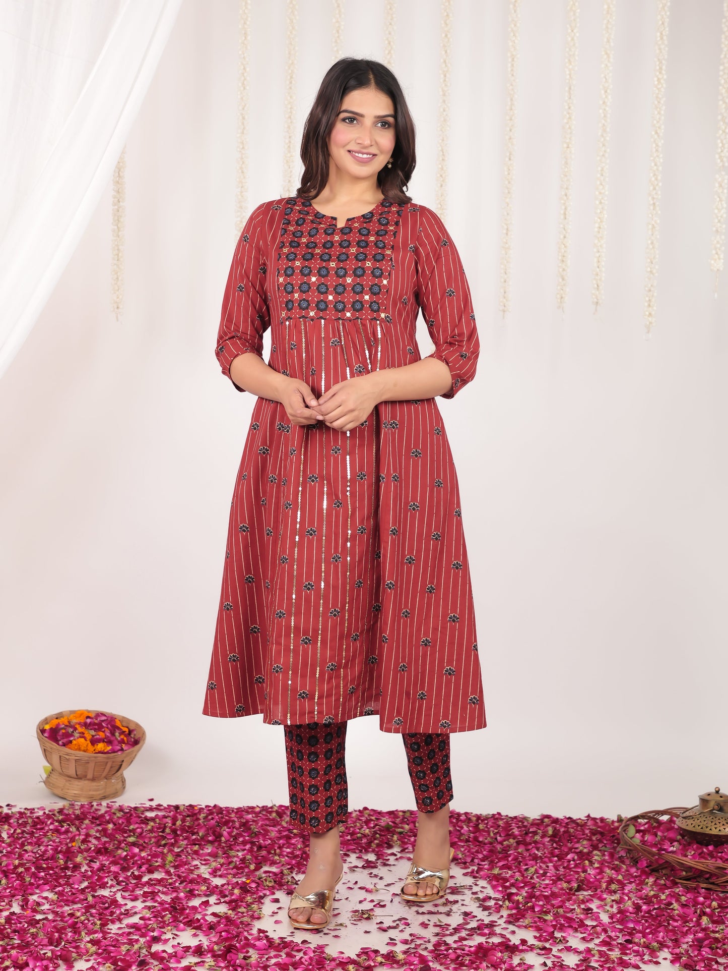 Soft Cotton Floral Panelled Orange Kurta