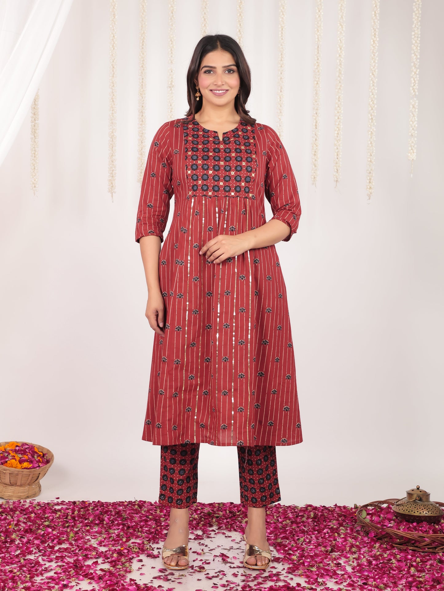 Soft Cotton Floral Panelled Orange Kurta