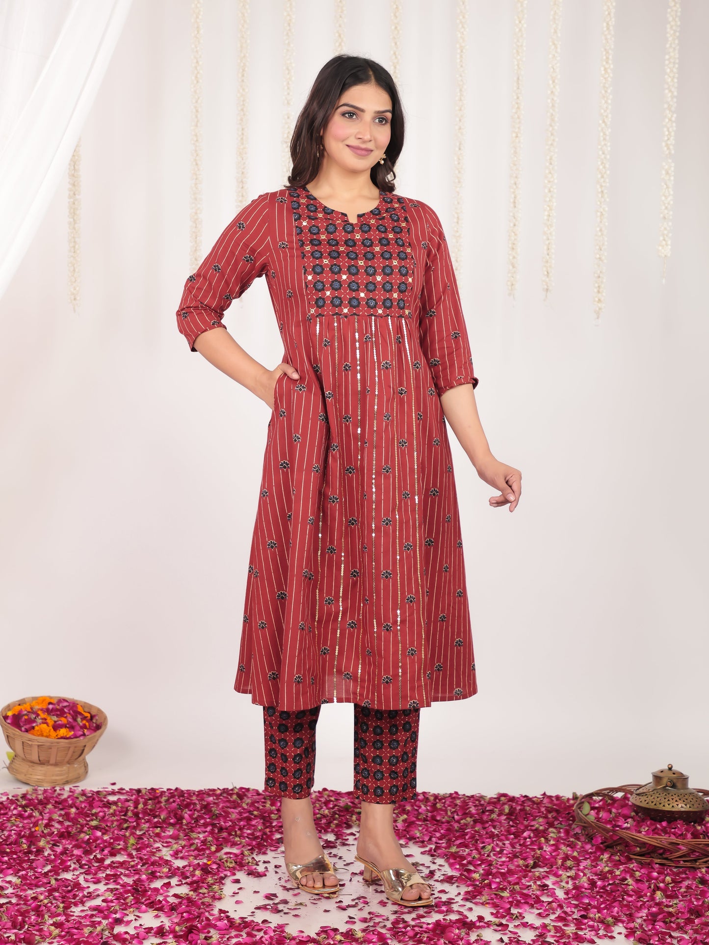 Soft Cotton Floral Panelled Orange Kurta