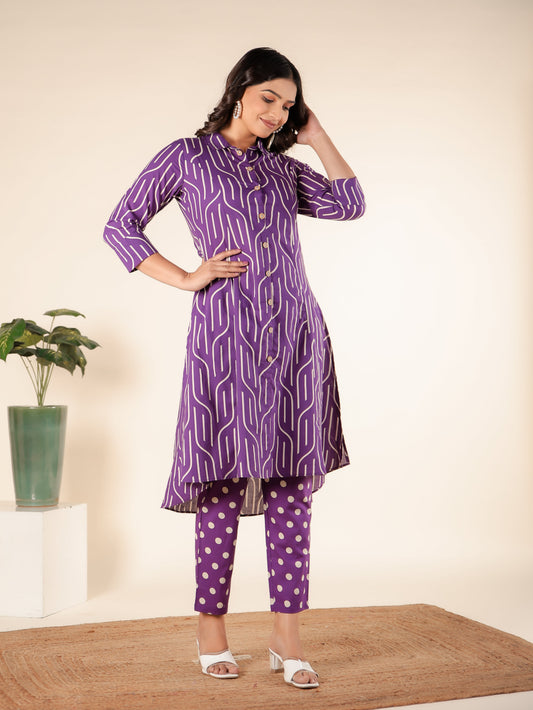 Soft Cotton Abstract Pant Purple Kurta