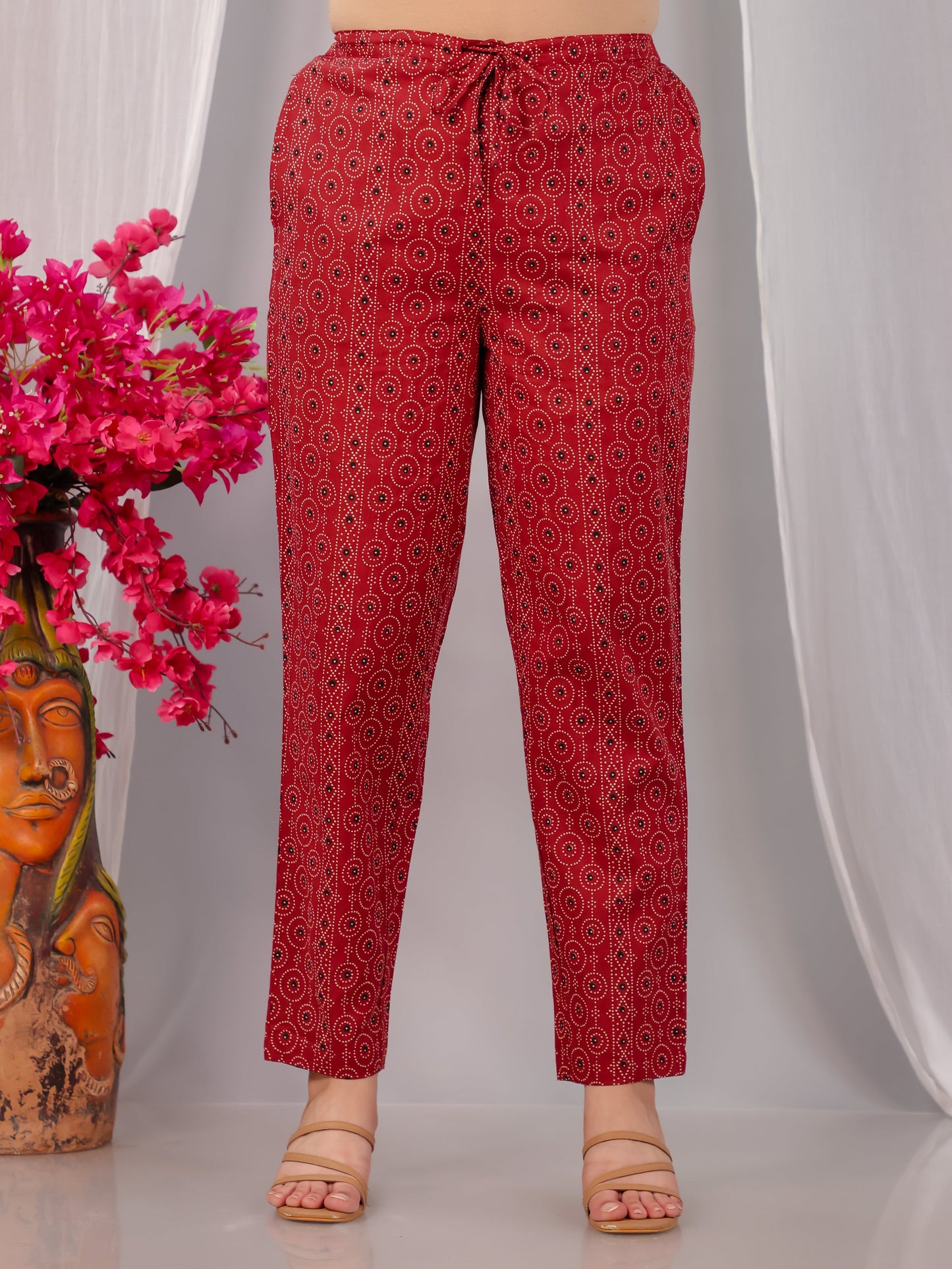 Soft Cotton Geometric Red Tapered Trousers