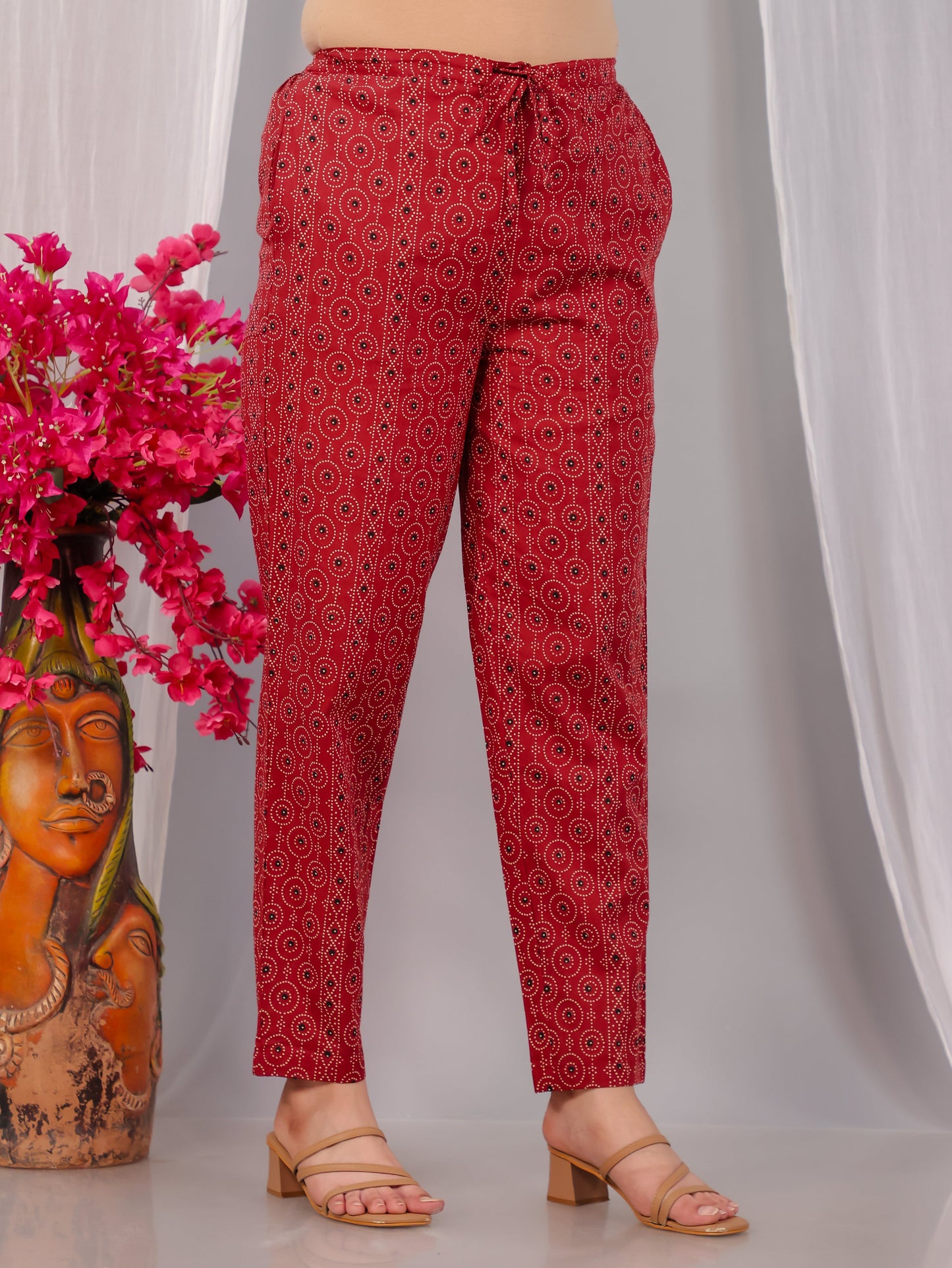 Soft Cotton Geometric Red Tapered Trousers