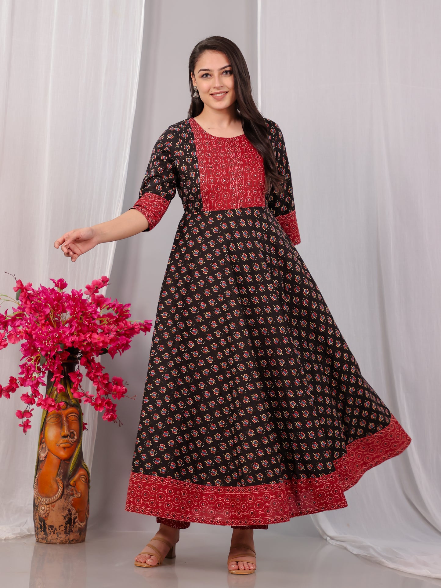 Embroidered Soft Cotton Block Print Anarkali Black Kurta