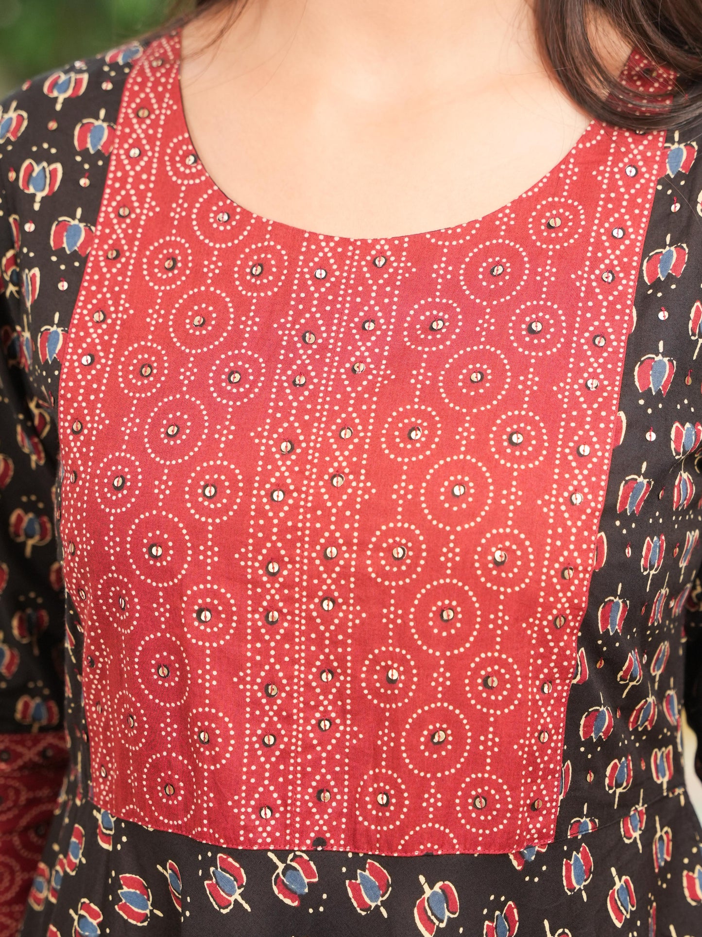 Embroidered Soft Cotton Block Print Anarkali Black Kurta