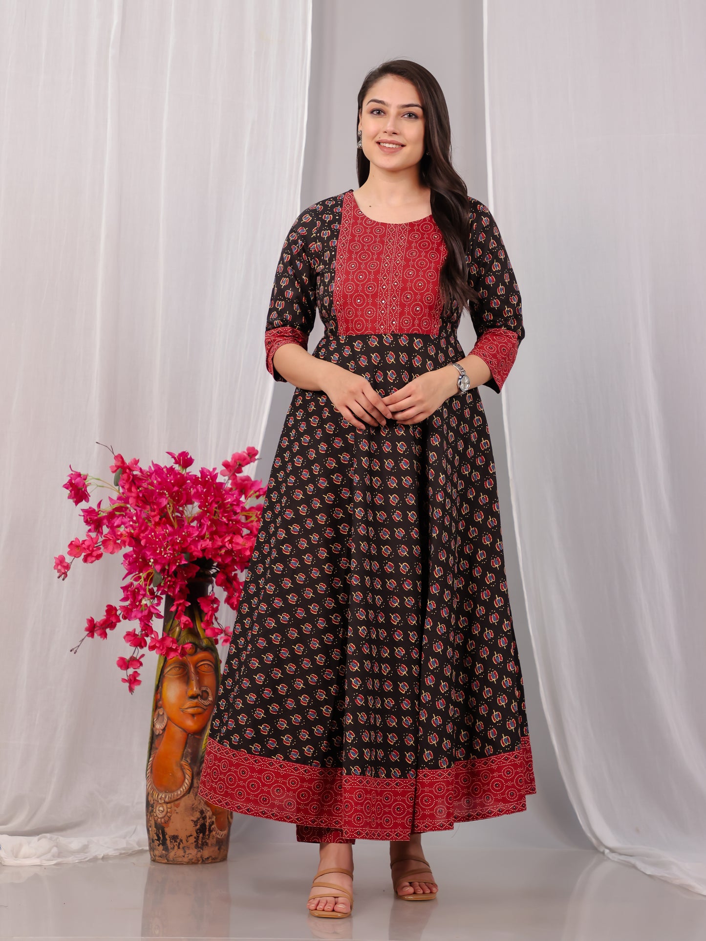 Embroidered Soft Cotton Block Print Anarkali Black Kurta