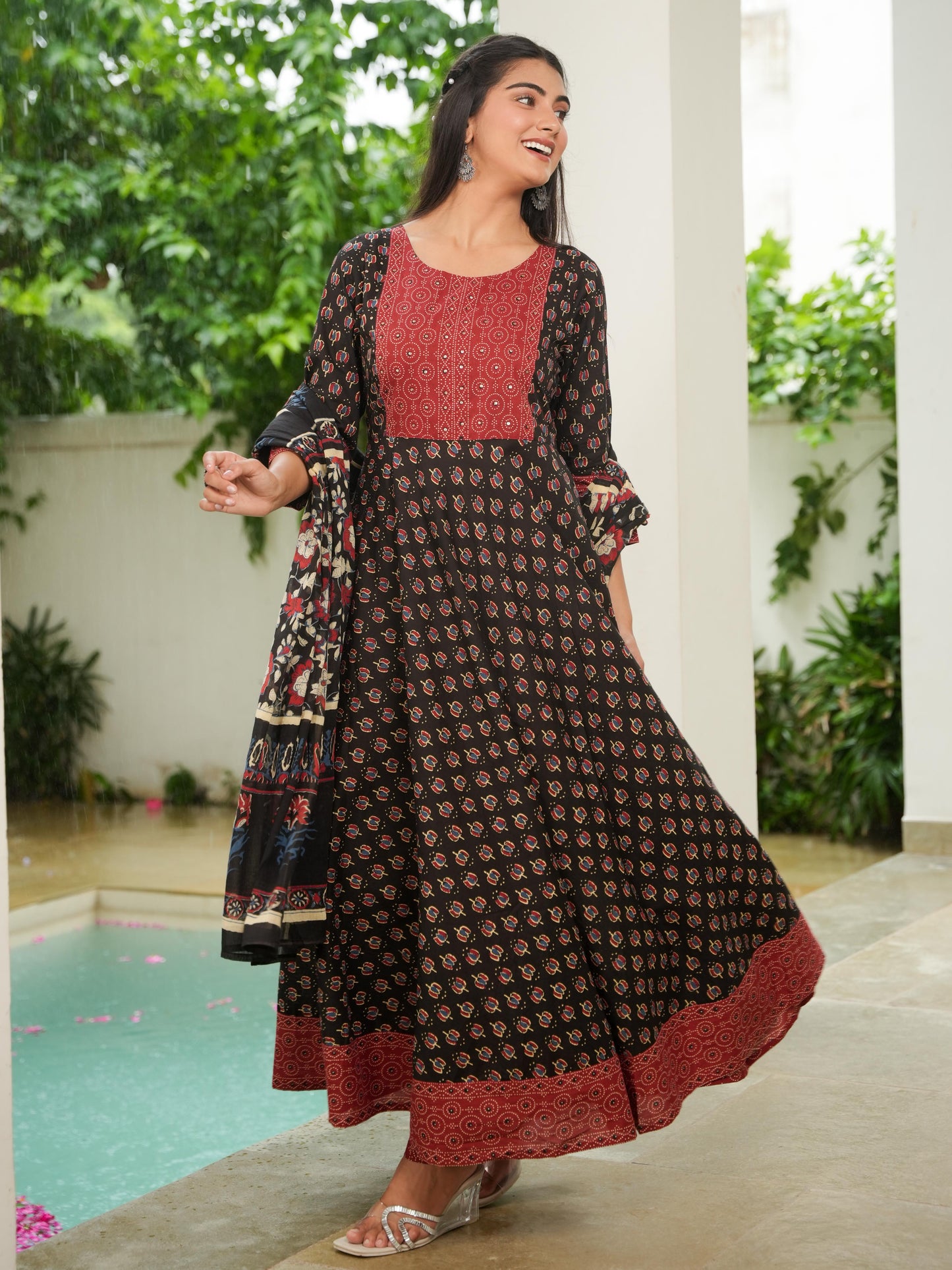 Embroidered Soft Cotton Block Print Anarkali Black Kurta