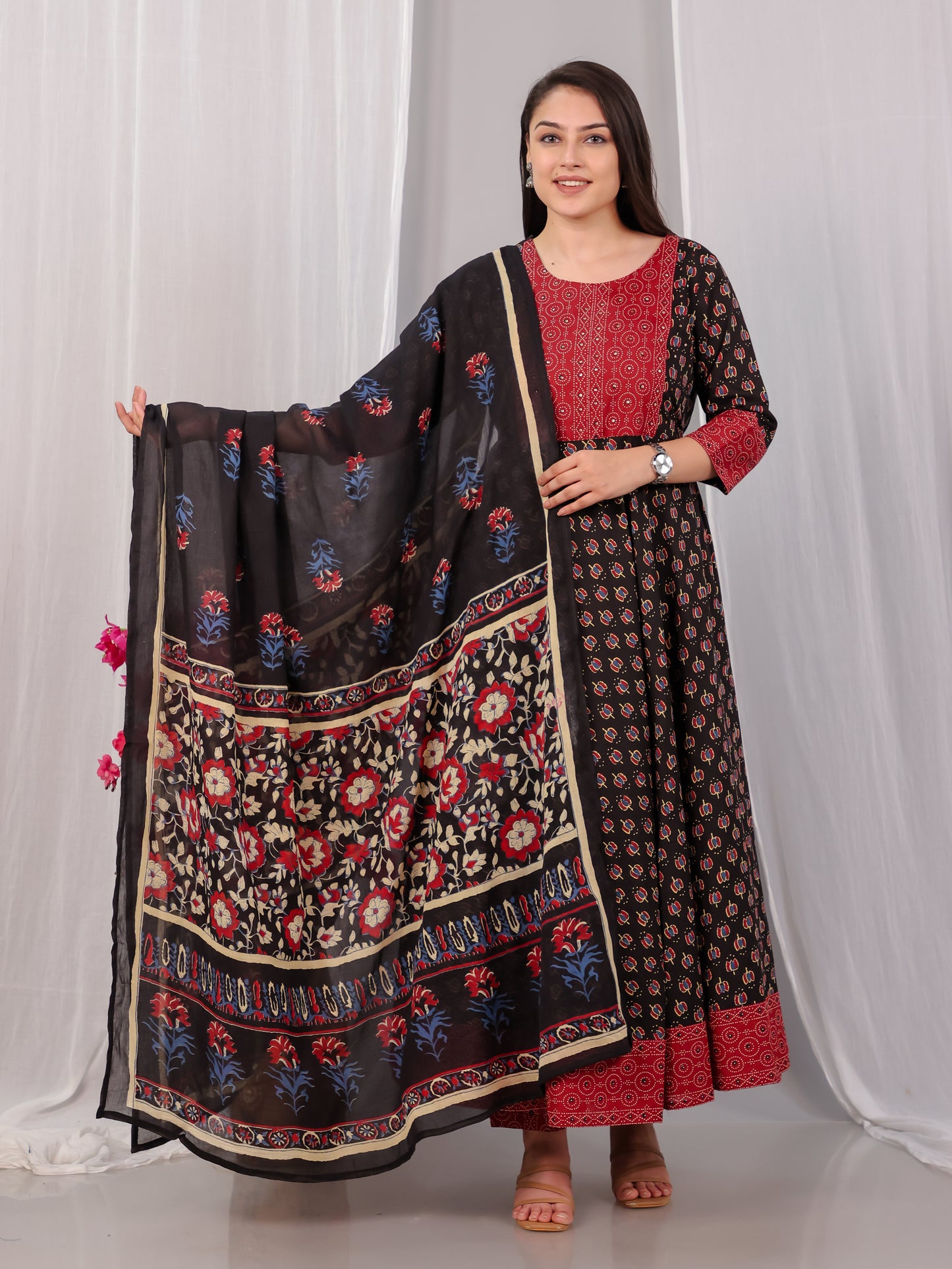 Embroidered Soft Cotton Block Print Anarkali Black Kurta
