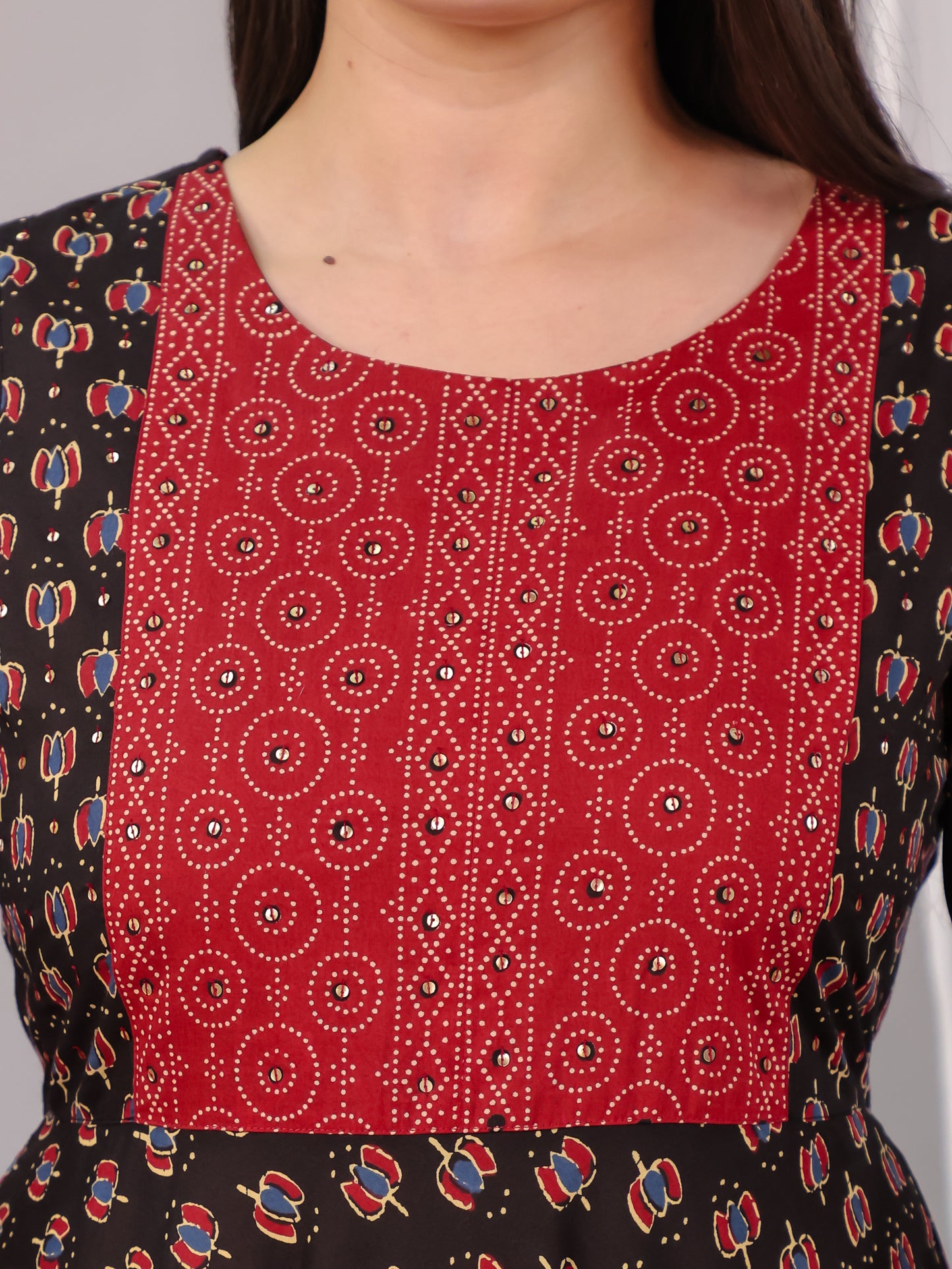 Embroidered Soft Cotton Block Print Anarkali Black Kurta