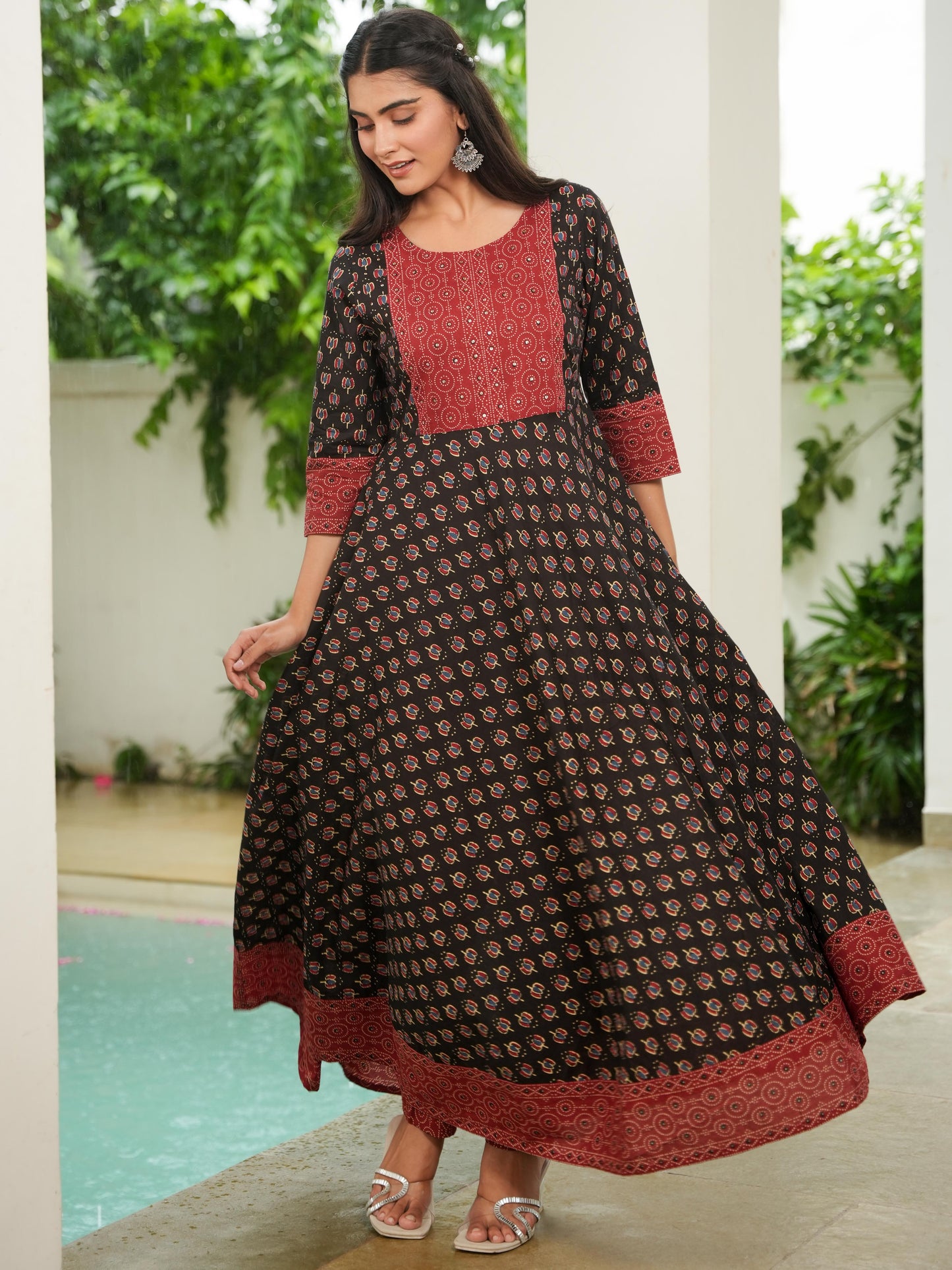 Embroidered Soft Cotton Block Print Anarkali Black Kurta