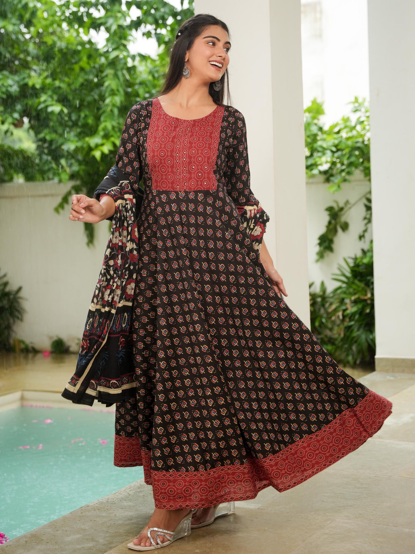 Embroidered Soft Cotton Block Print Anarkali Black Kurta