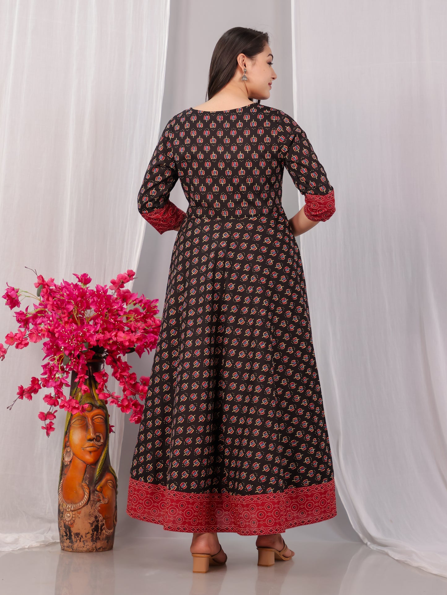Embroidered Soft Cotton Block Print Anarkali Black Kurta