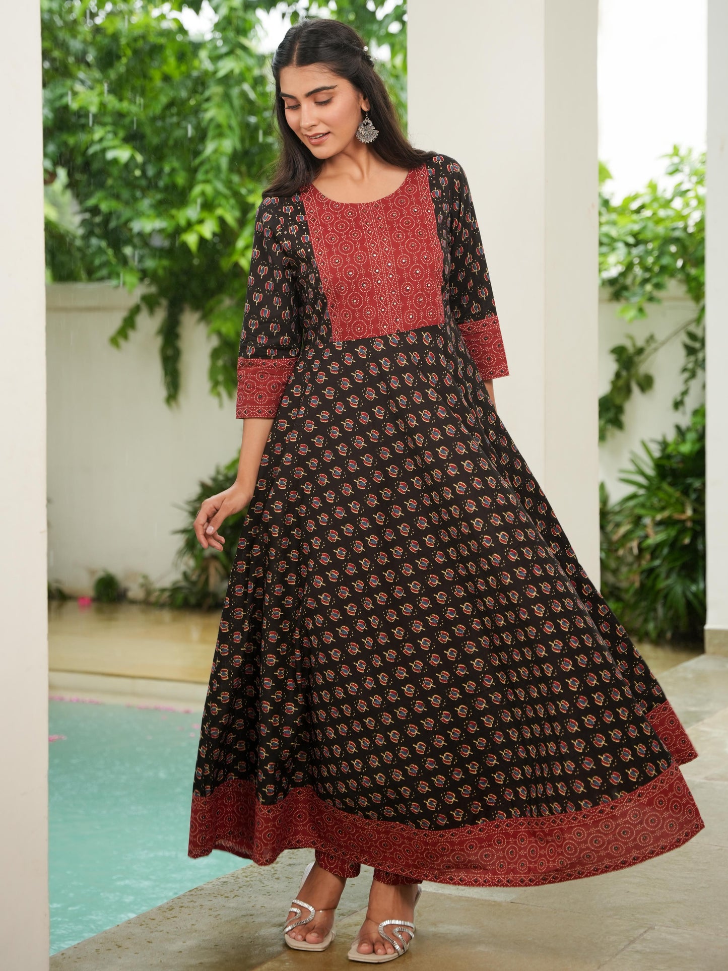Embroidered Soft Cotton Block Print Anarkali Black Kurta