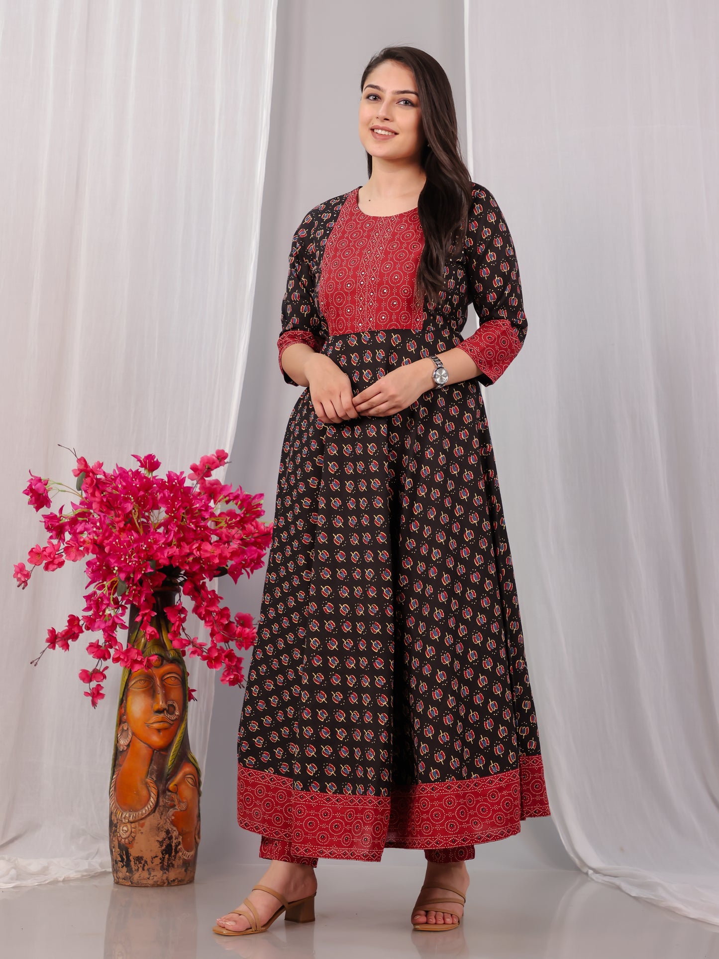 Embroidered Soft Cotton Block Print Anarkali Black Kurta