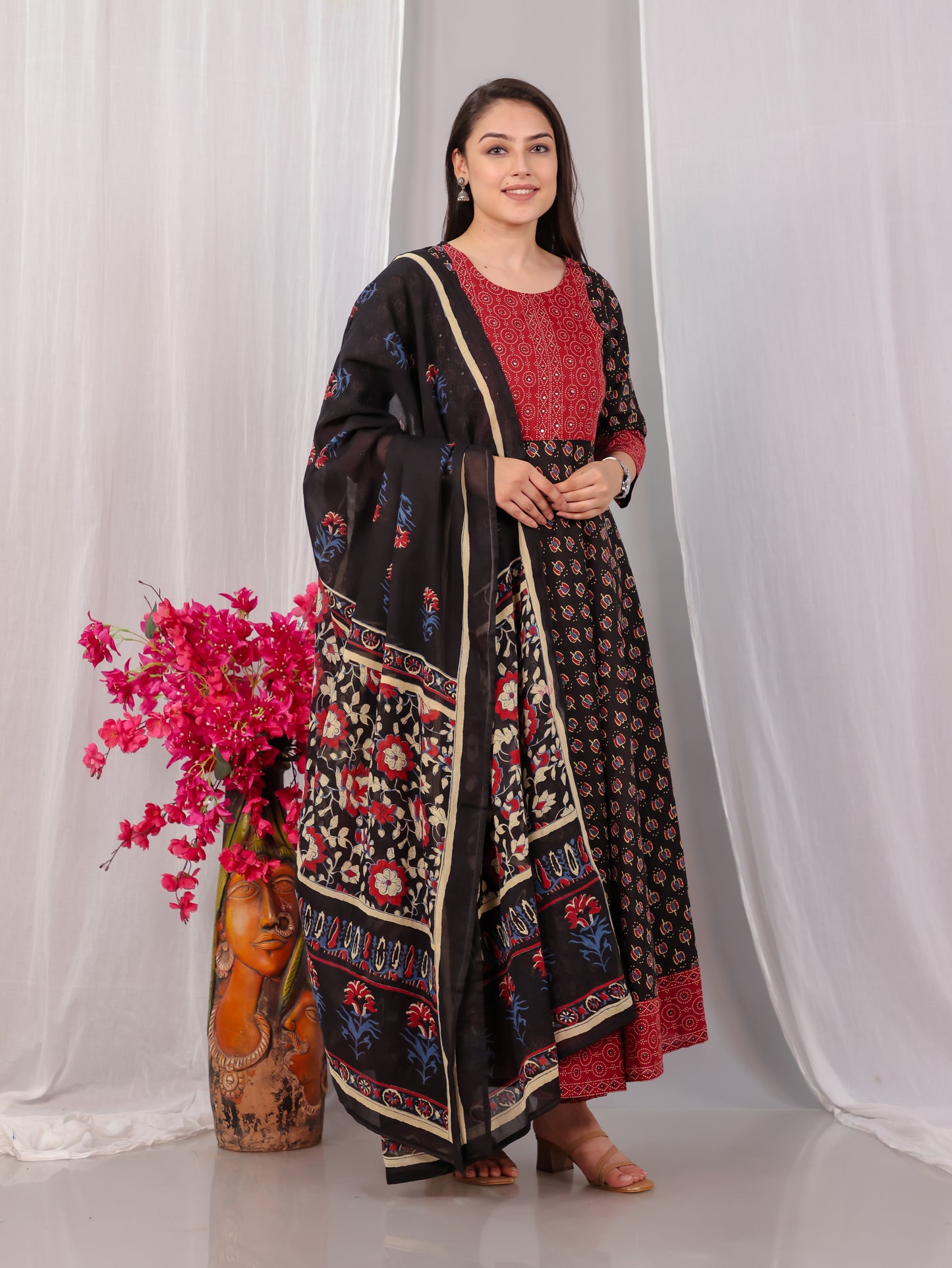 Embroidered Soft Cotton Block Print Anarkali Black Kurta