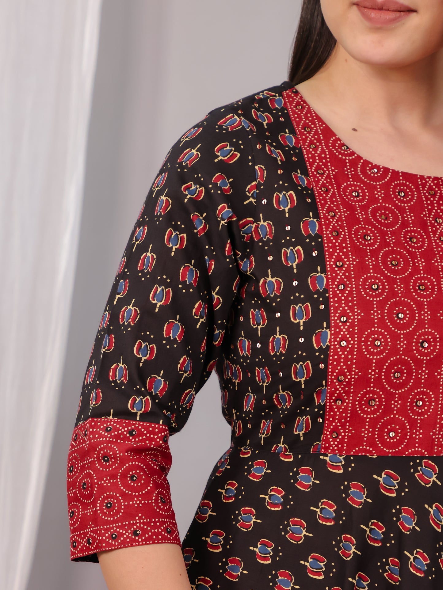 Embroidered Soft Cotton Block Print Anarkali Black Kurta