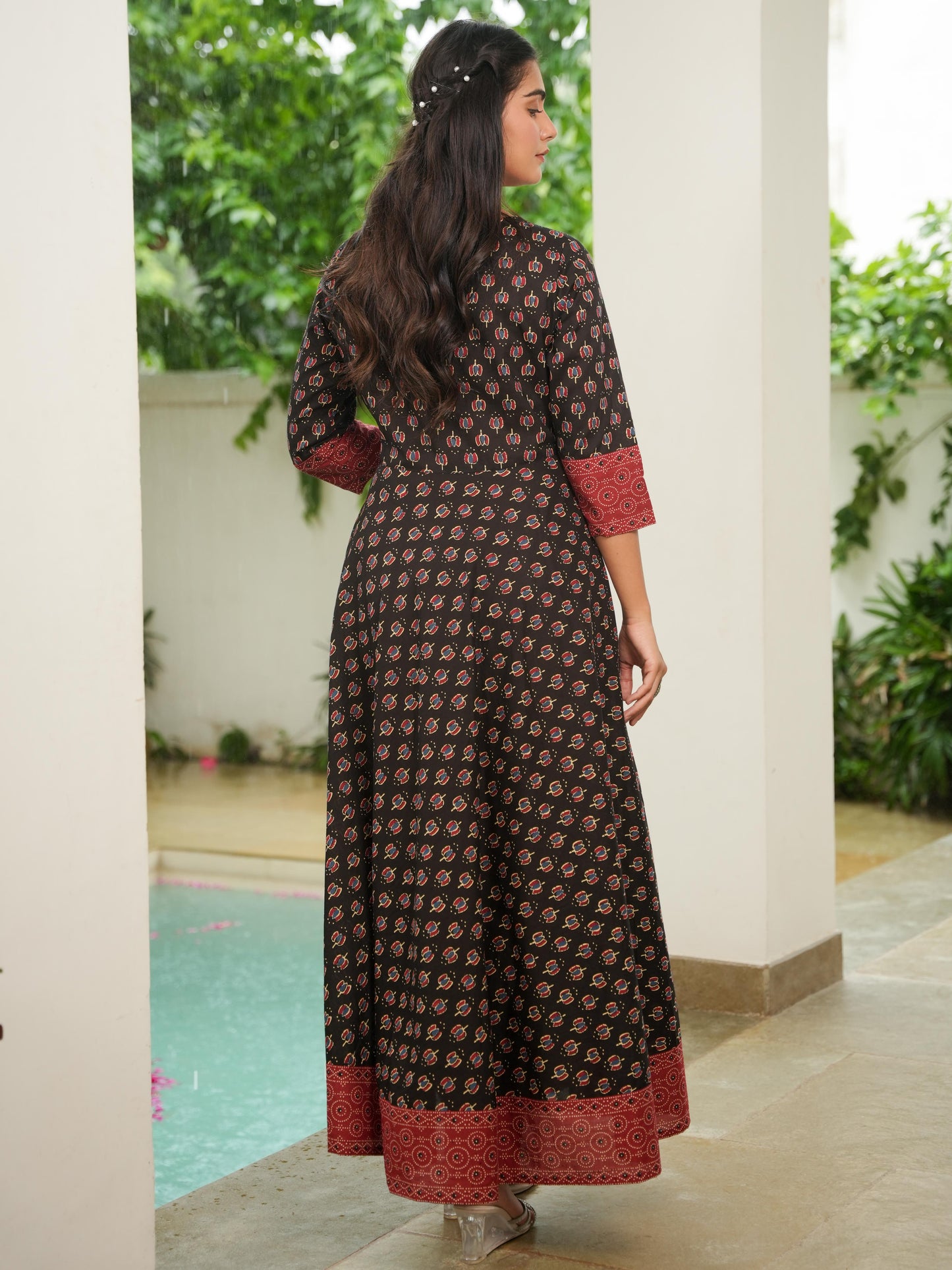 Embroidered Soft Cotton Block Print Anarkali Black Kurta