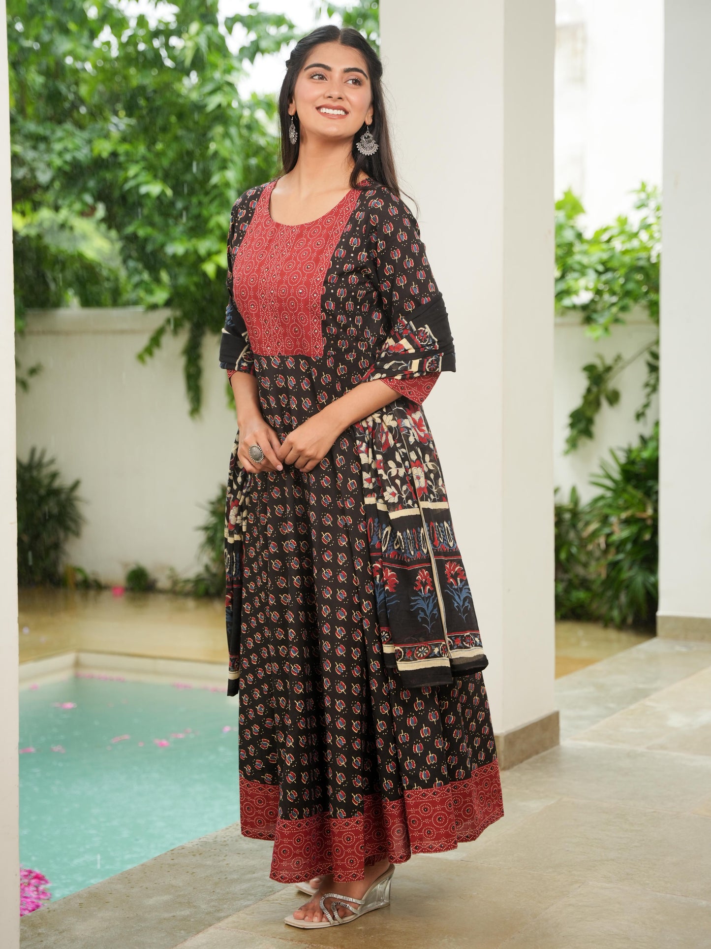 Embroidered Soft Cotton Block Print Anarkali Black Kurta