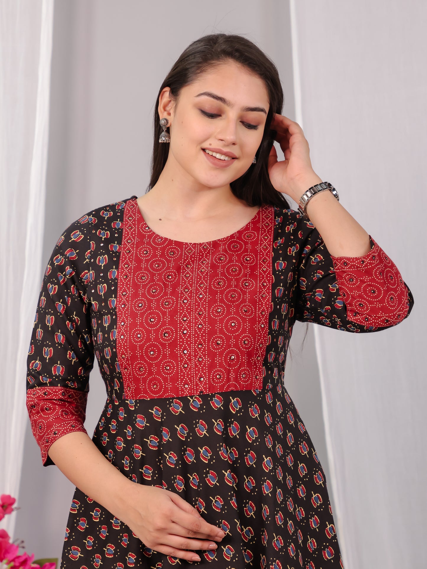 Embroidered Soft Cotton Block Print Anarkali Black Kurta