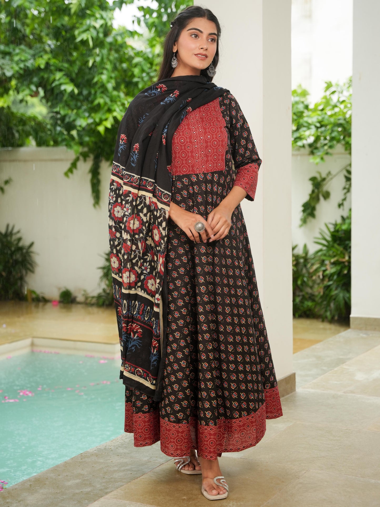 Embroidered Soft Cotton Block Print Anarkali Black Kurta