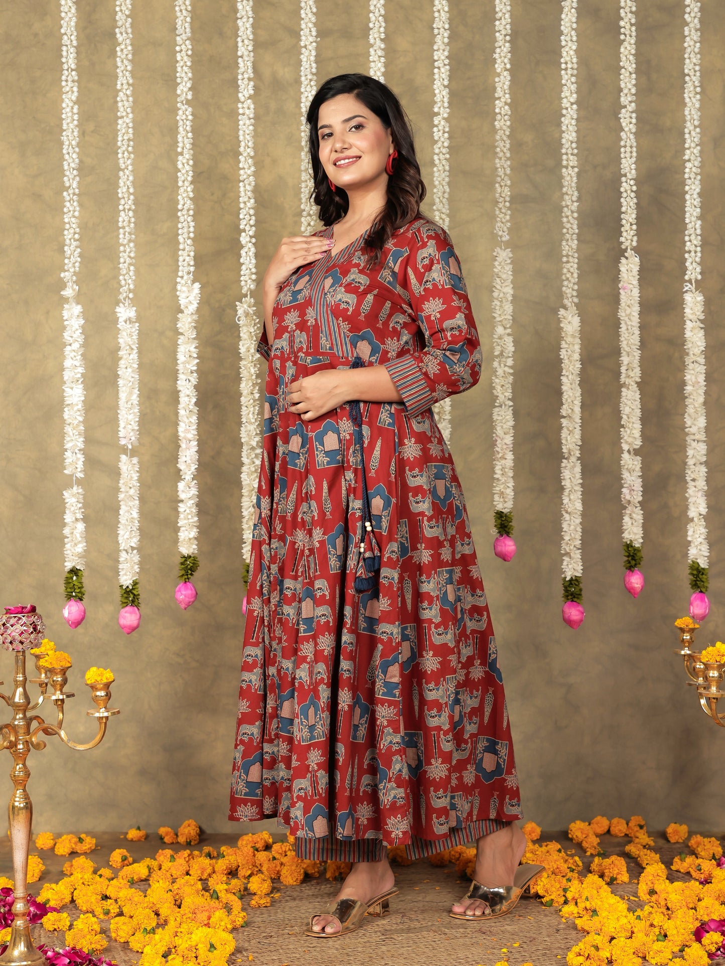 Soft Cotton Abstract Angrakha Red Kurta