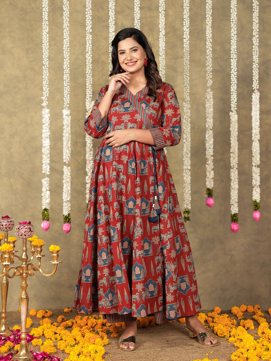 Soft Cotton Abstract Angrakha Red Kurta