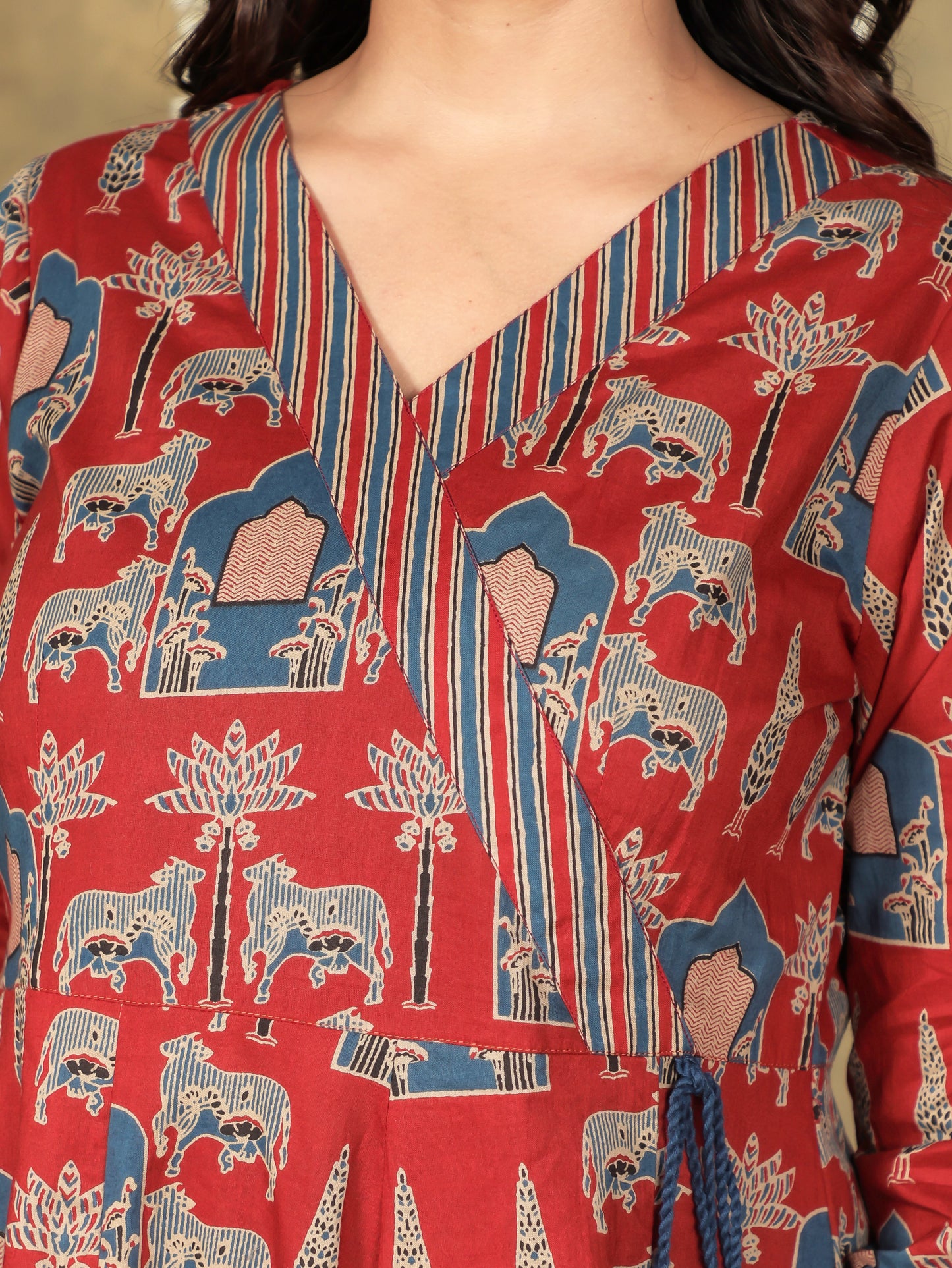 Soft Cotton Abstract Angrakha Red Kurta