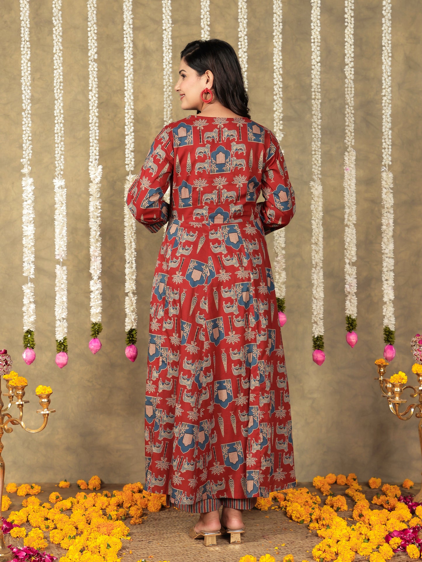 Soft Cotton Abstract Angrakha Red Kurta