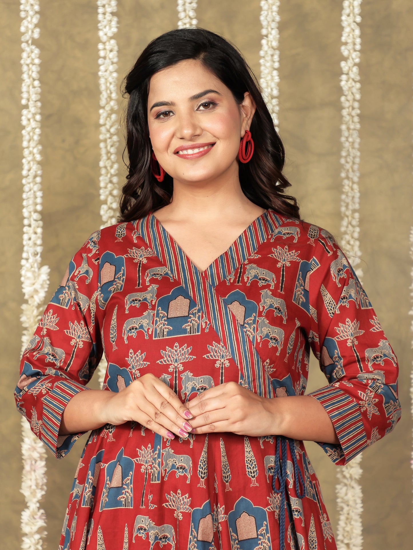 Soft Cotton Abstract Angrakha Red Kurta