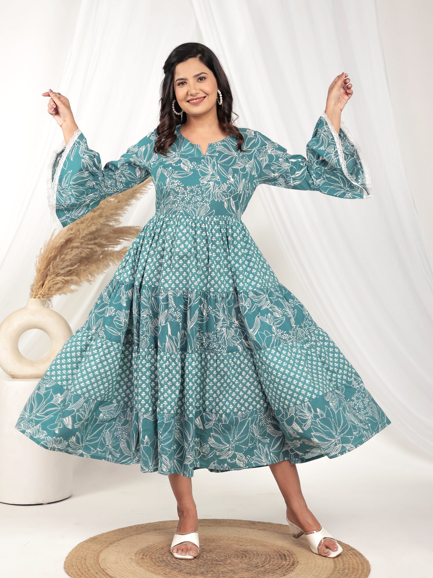 Soft Cotton Floral Flared Blue Dress