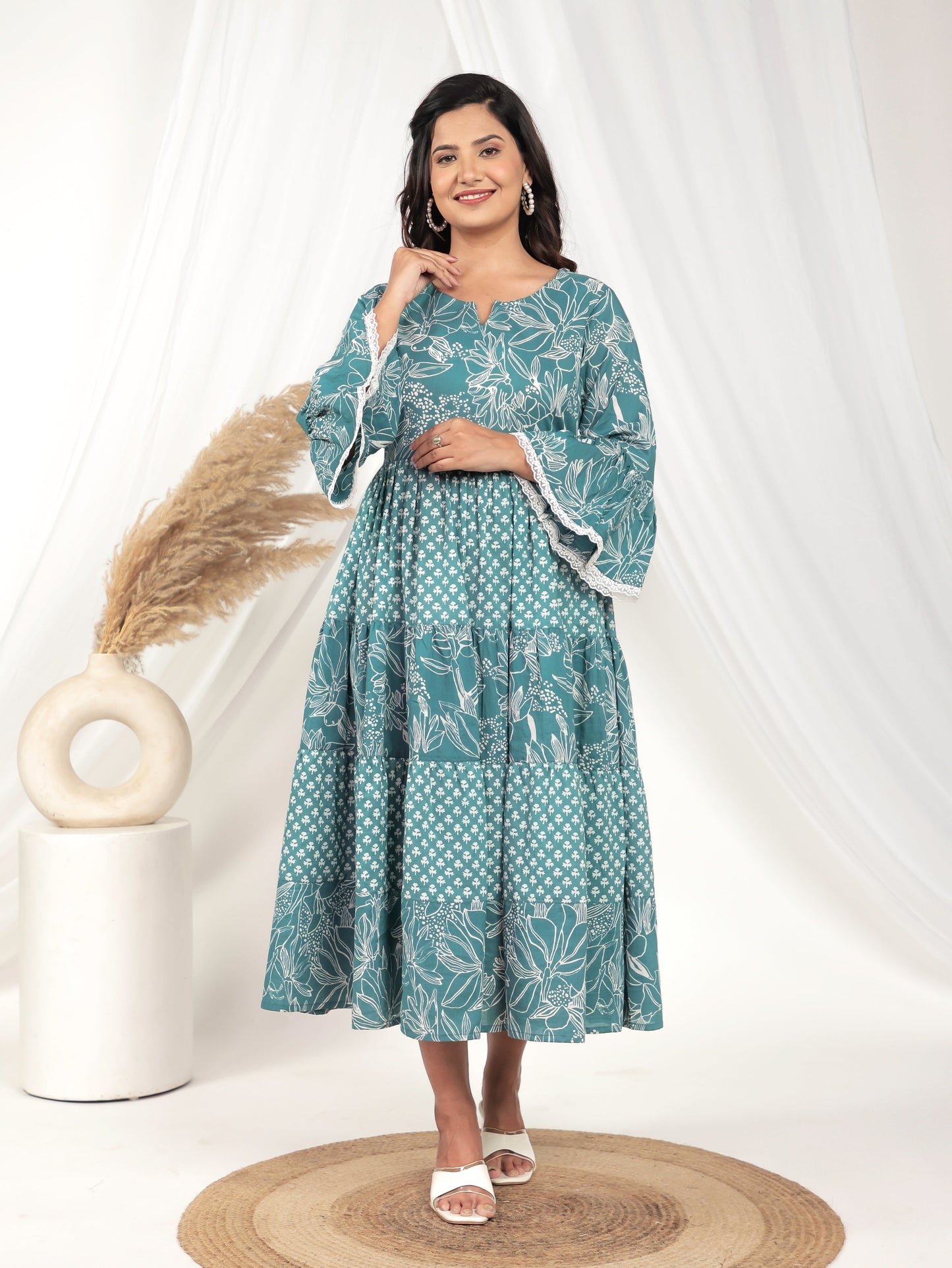 Soft Cotton Floral Flared Blue Dress