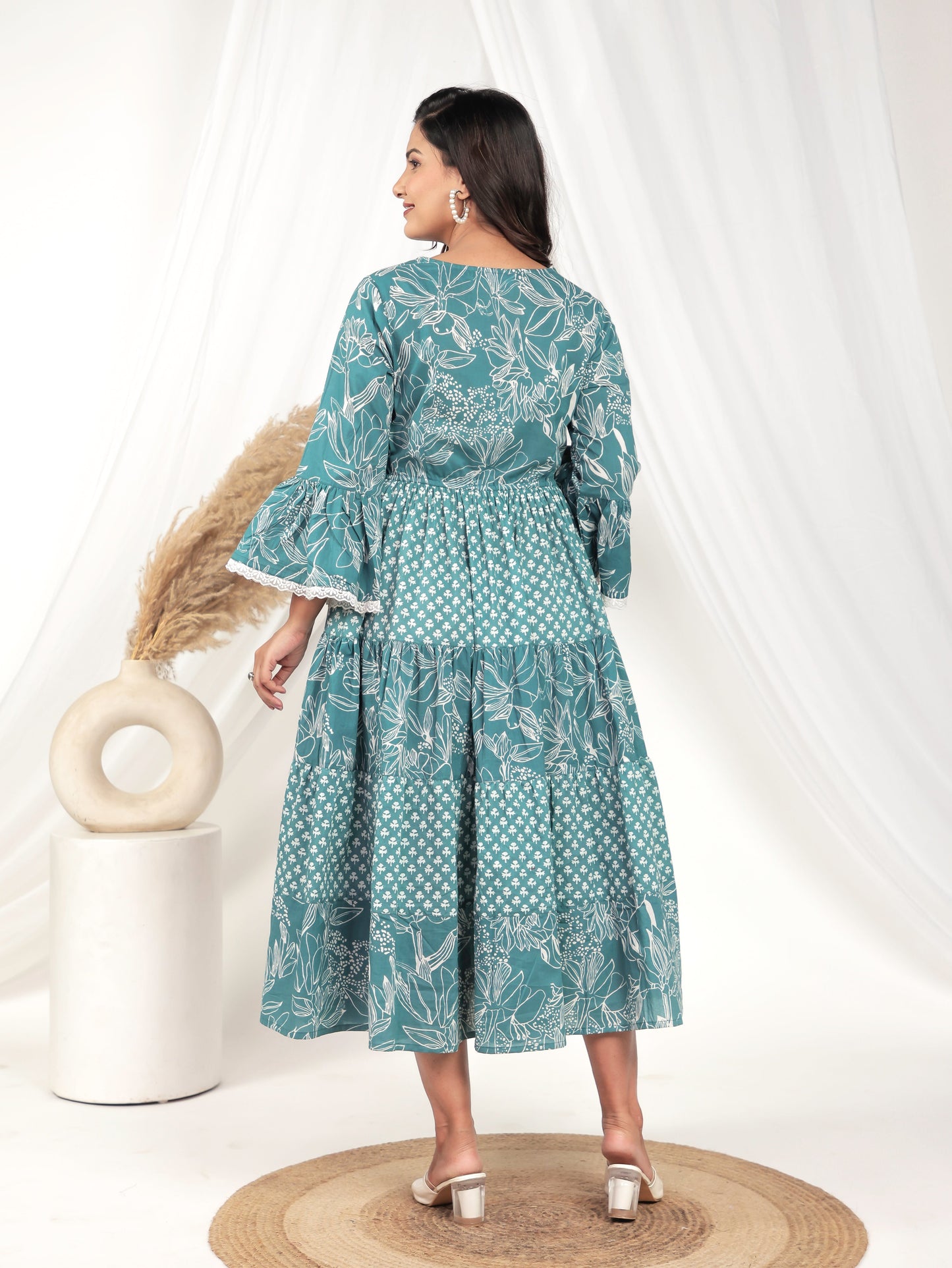 Soft Cotton Floral Flared Blue Dress